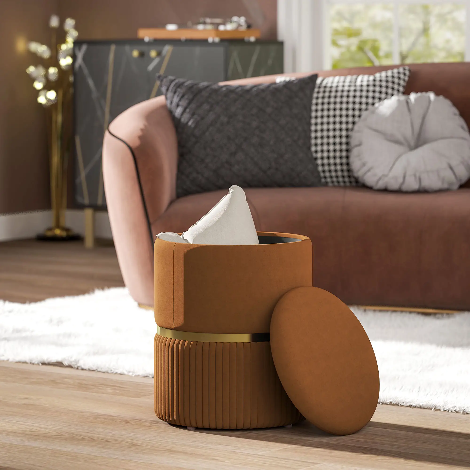 Velvet Storage Ottoman 36 x 36 x 44cm - Light Brown - 10