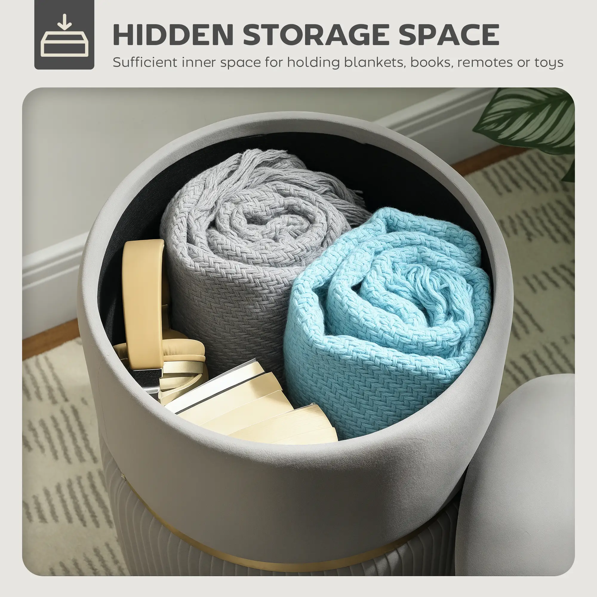 Velvet Storage Ottoman 36 x 36 x 44cm - Light Grey - 4