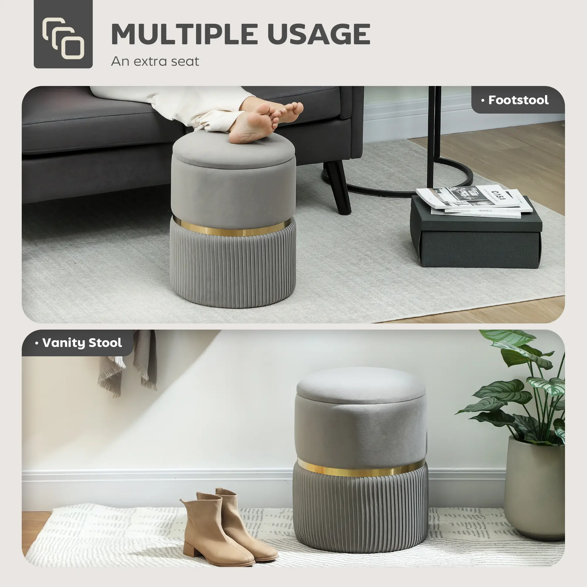 Velvet Storage Ottoman 36 x 36 x 44cm - Light Grey - 6