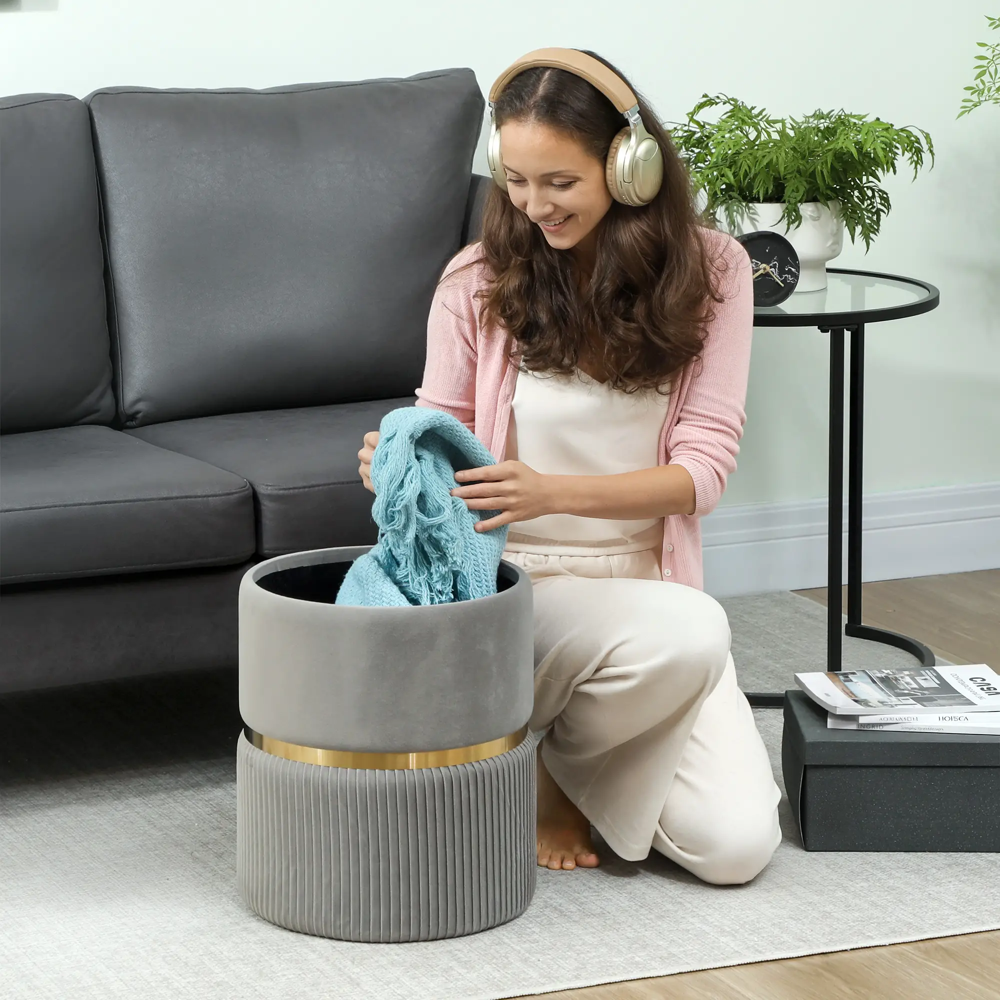 Velvet Storage Ottoman 36 x 36 x 44cm - Light Grey - 7