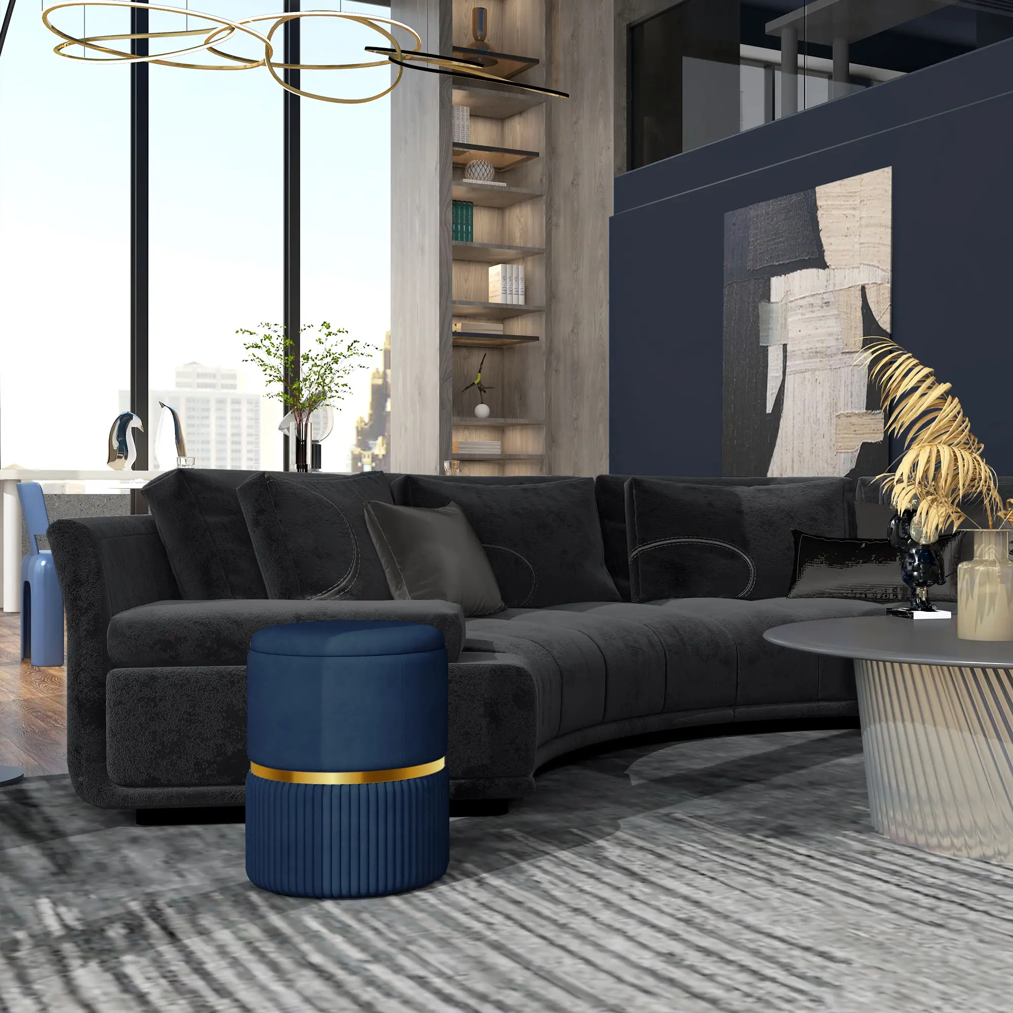 Velvet Storage Ottoman 36 x 36 x 44cm - Dark Blue - 2