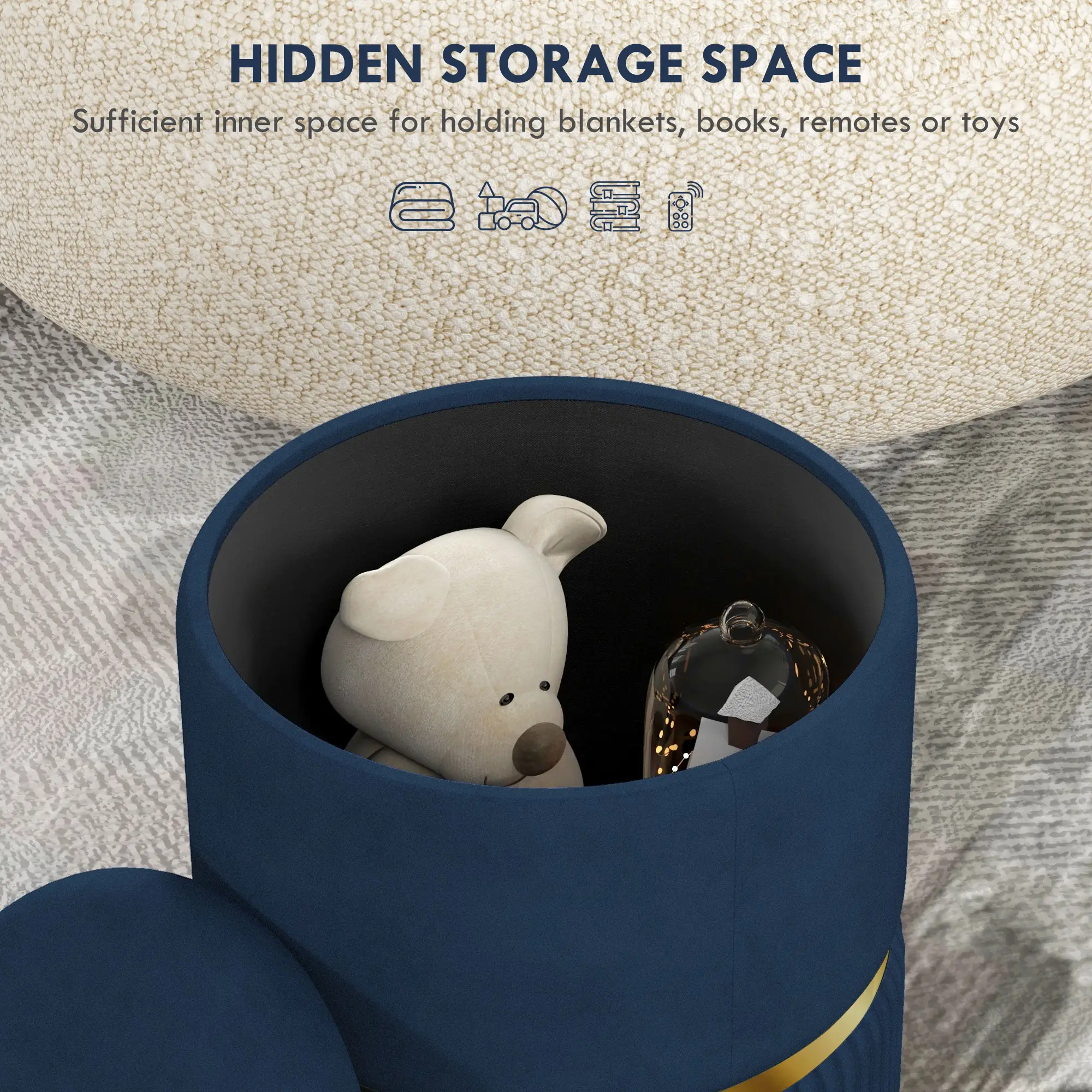 Velvet Storage Ottoman 36 x 36 x 44cm - Dark Blue - 4