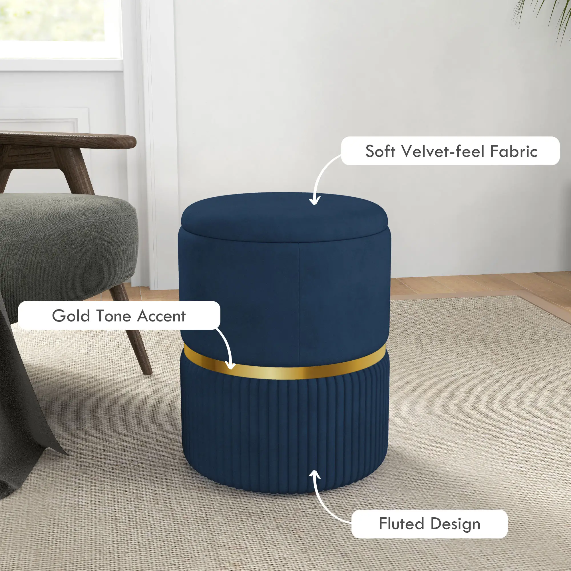 Velvet Storage Ottoman 36 x 36 x 44cm - Dark Blue - 5