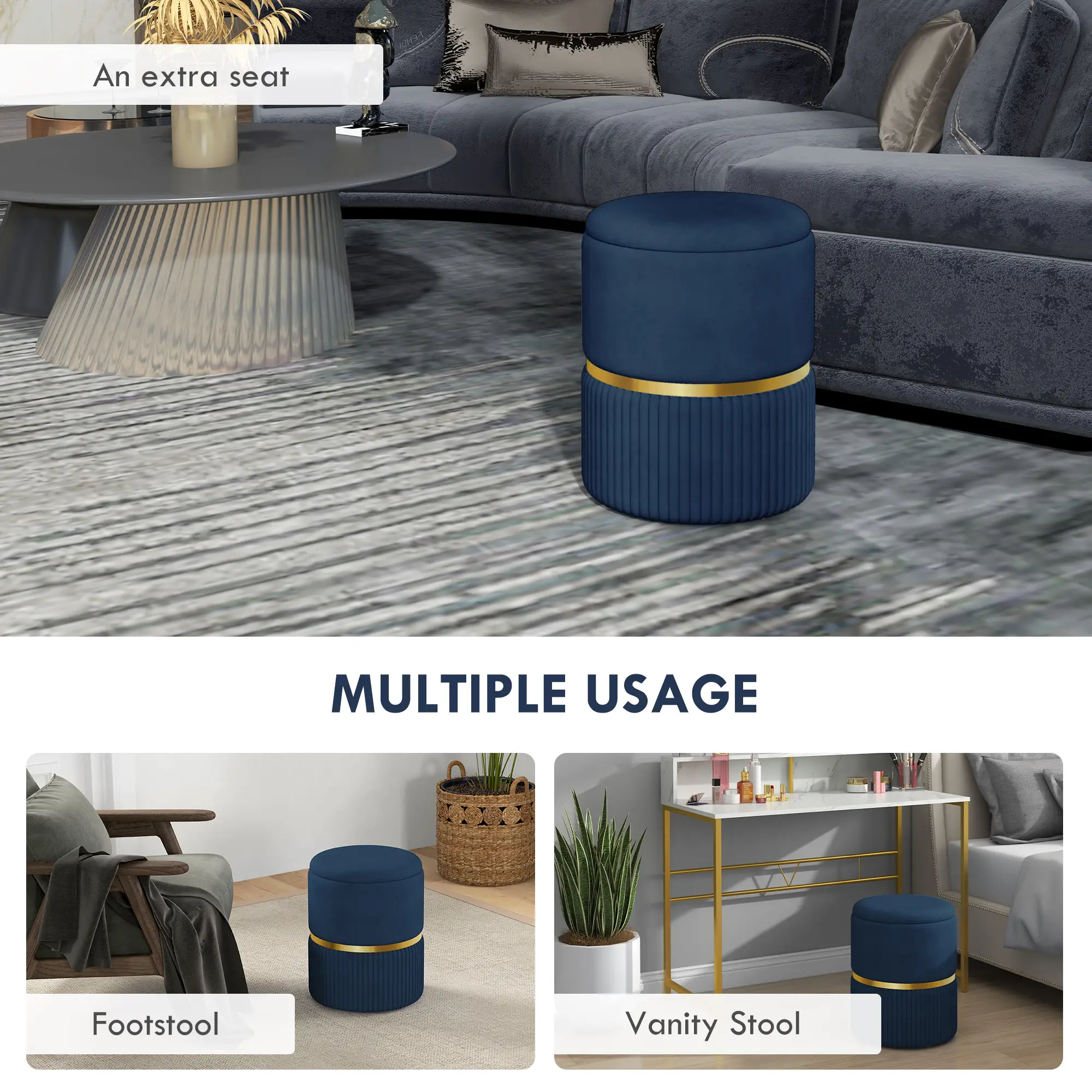 Velvet Storage Ottoman 36 x 36 x 44cm - Dark Blue - 6