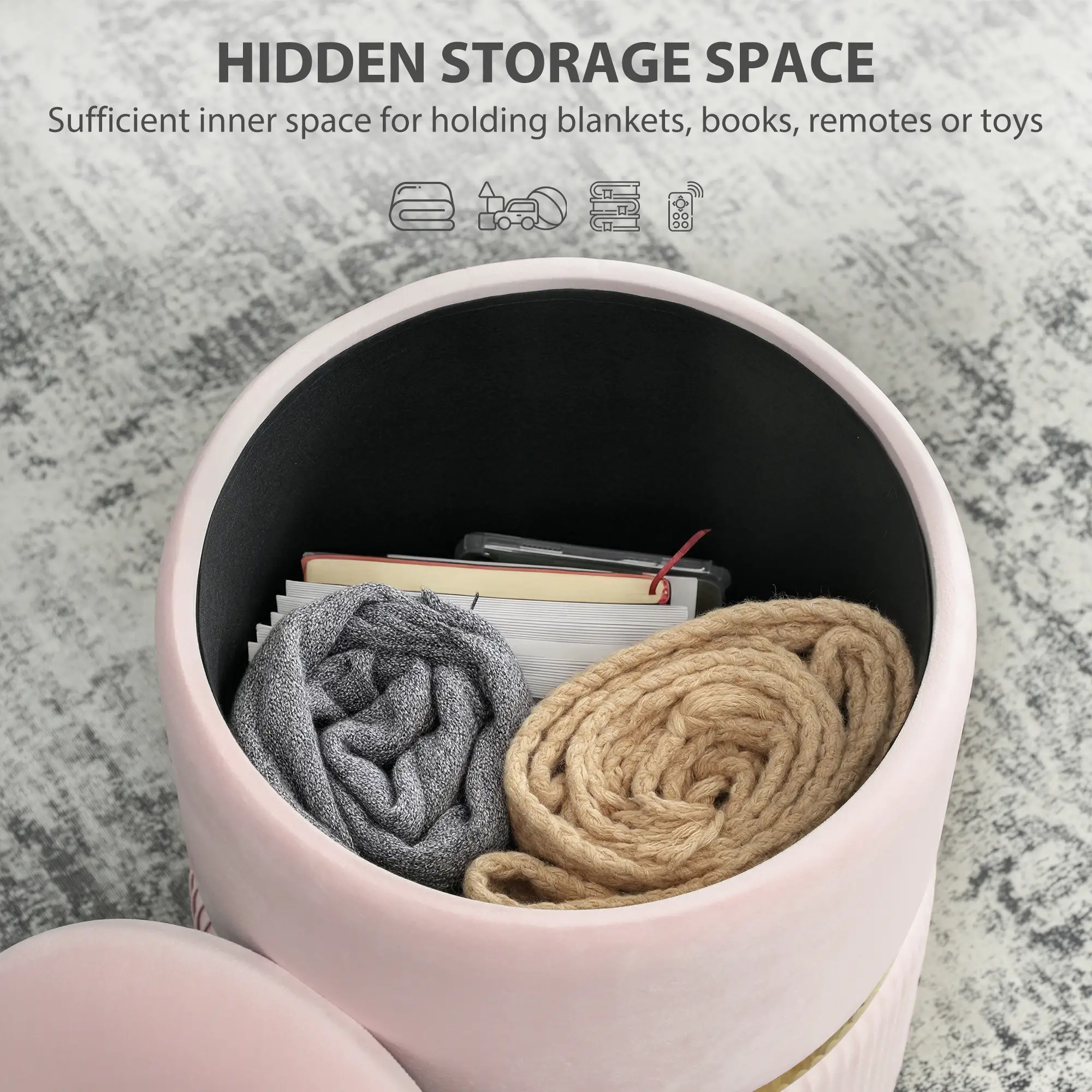 Velvet Storage Ottoman 36 x 36 x 44cm - Pink - 4