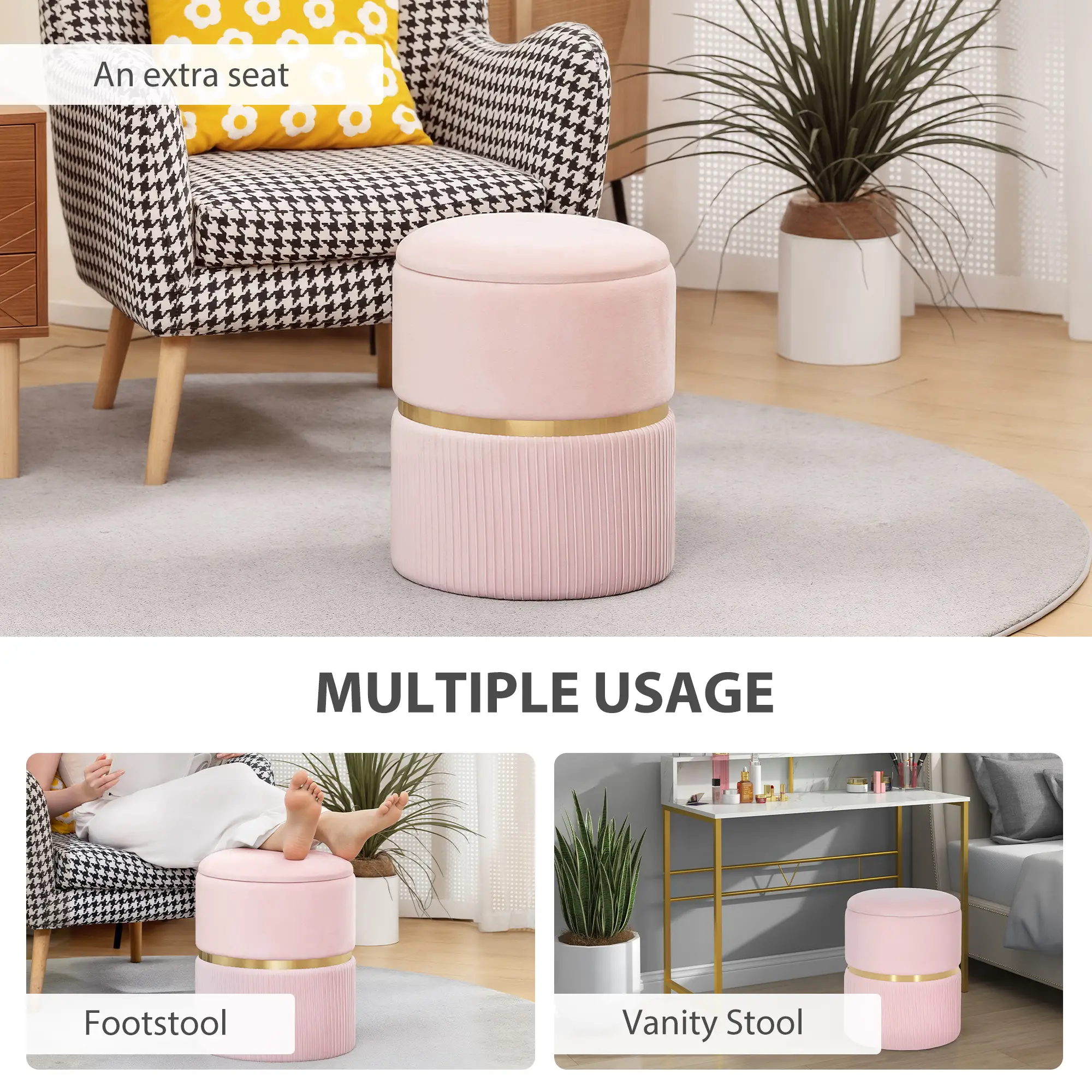 Velvet Storage Ottoman 36 x 36 x 44cm - Pink - 6