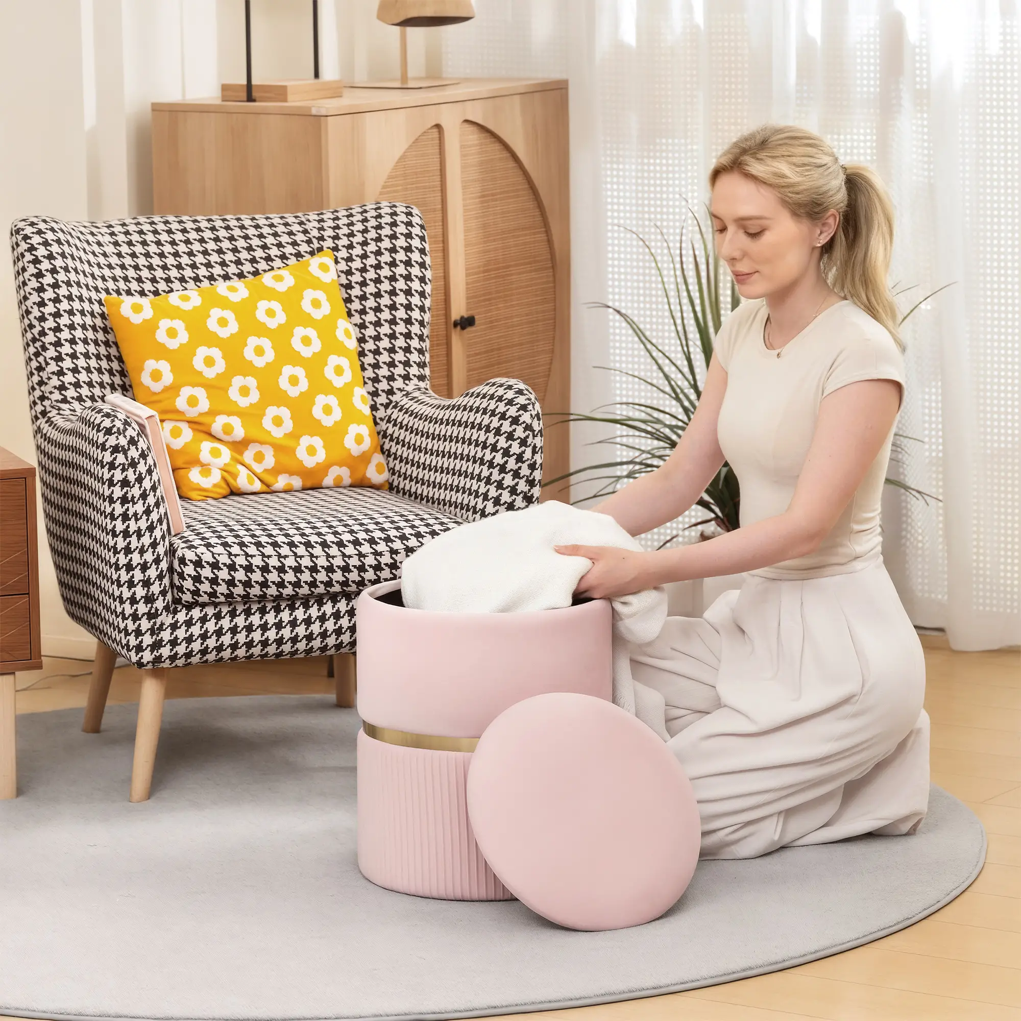 Velvet Storage Ottoman 36 x 36 x 44cm - Pink - 7