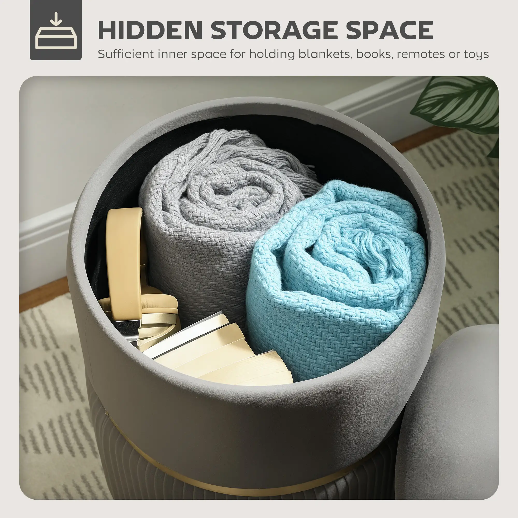 Velvet Storage Ottoman 36 x 36 x 44cm - Grey - 4