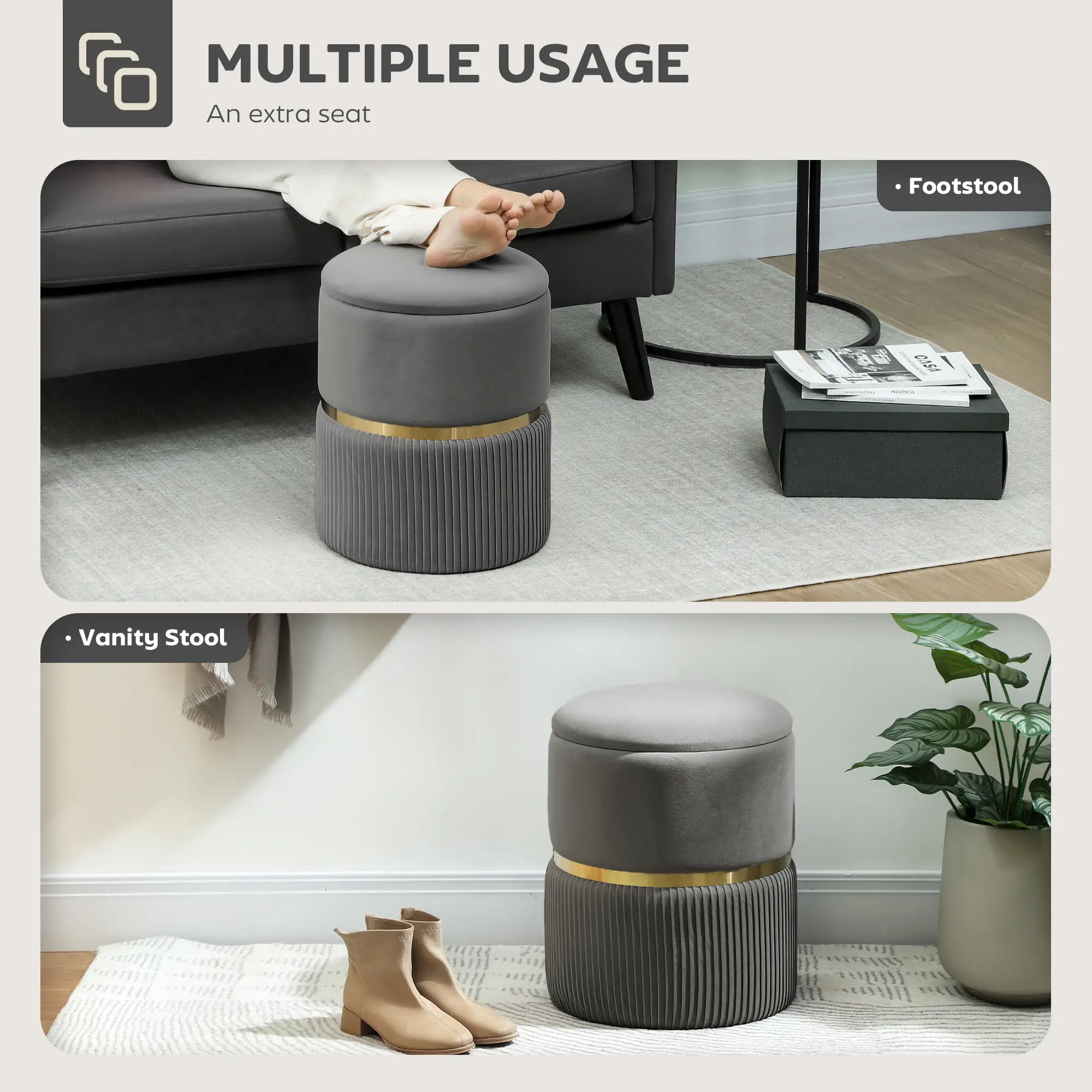 Velvet Storage Ottoman 36 x 36 x 44cm - Grey - 6