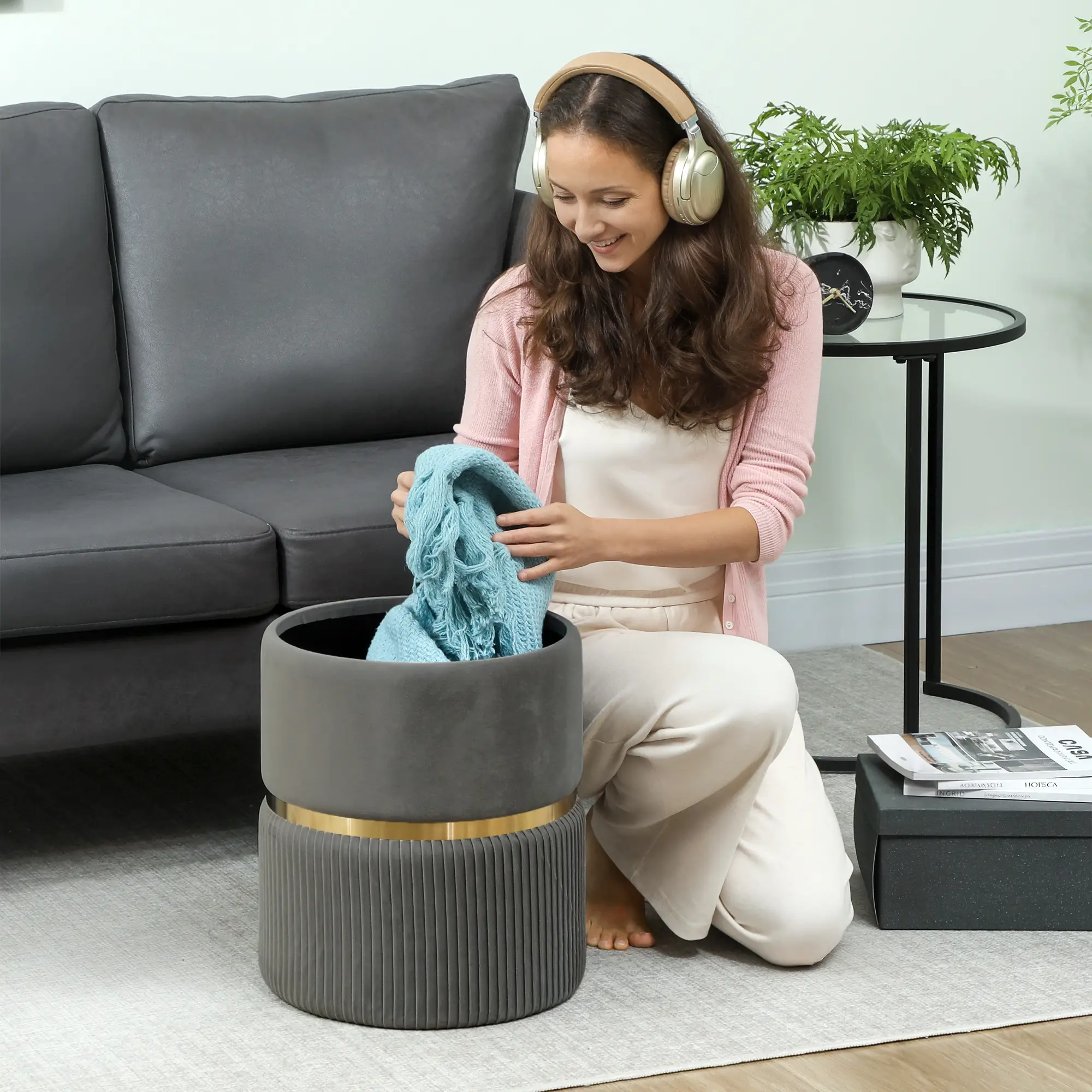 Velvet Storage Ottoman 36 x 36 x 44cm - Grey - 7