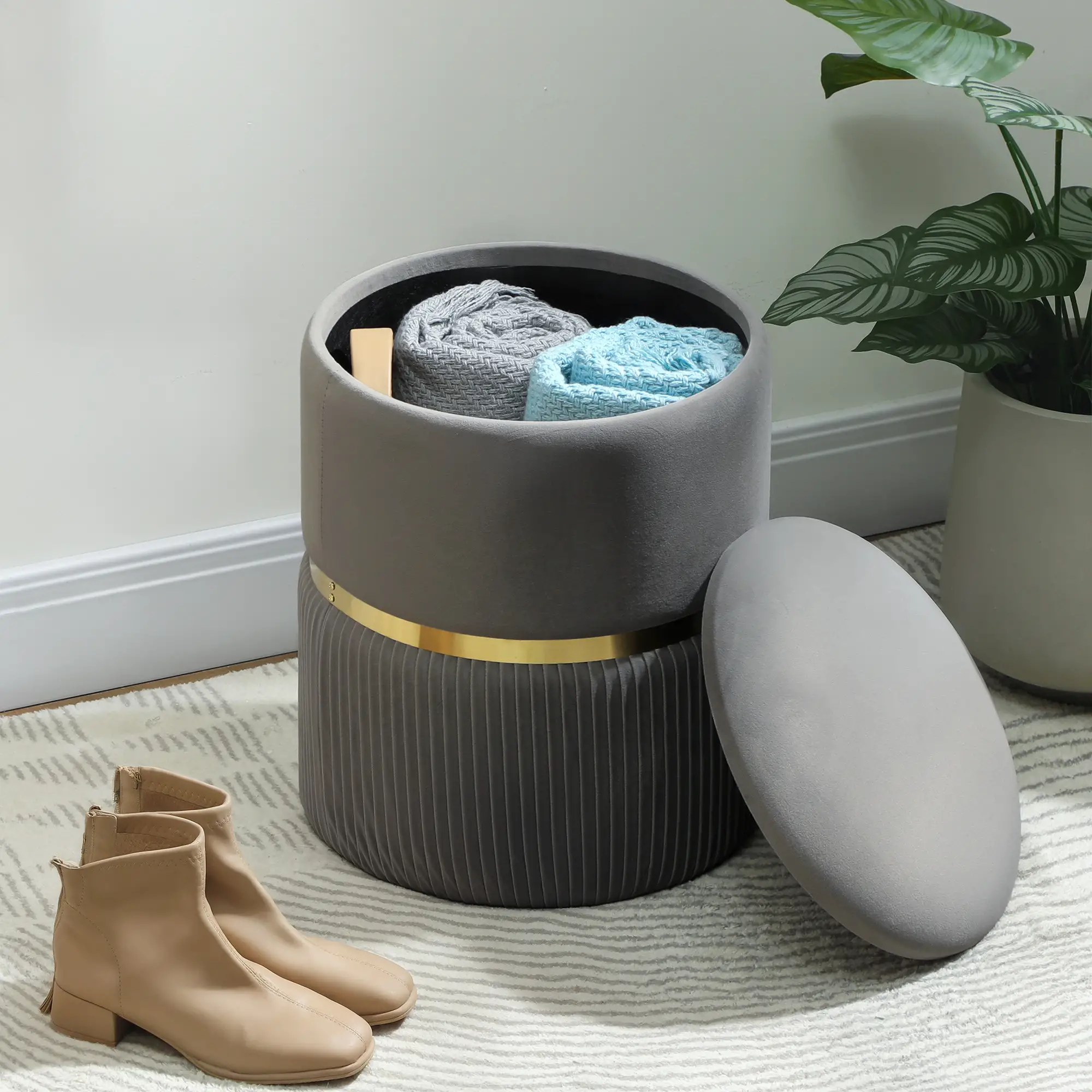 Velvet Storage Ottoman 36 x 36 x 44cm - Grey - 8