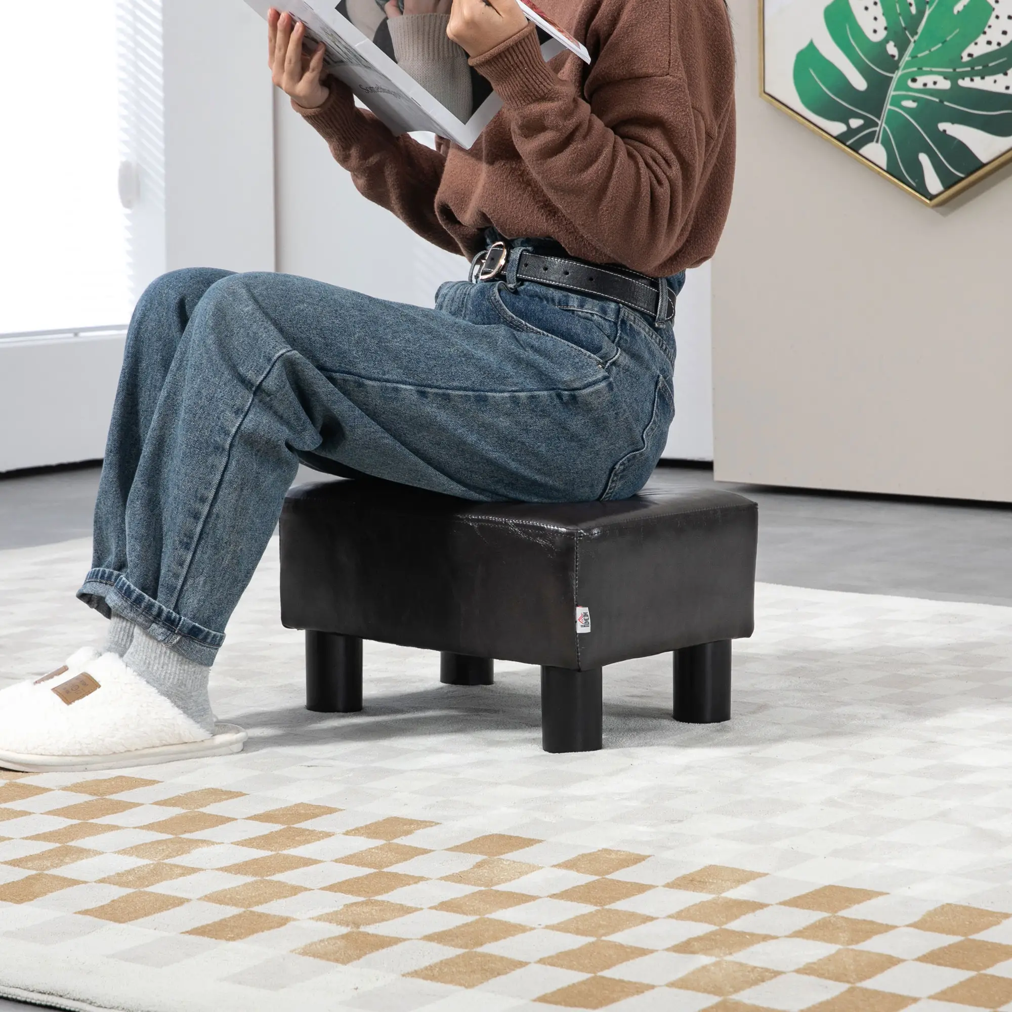 Faux Leather Footstool 40 x 30 x 24cm - Brown - 7