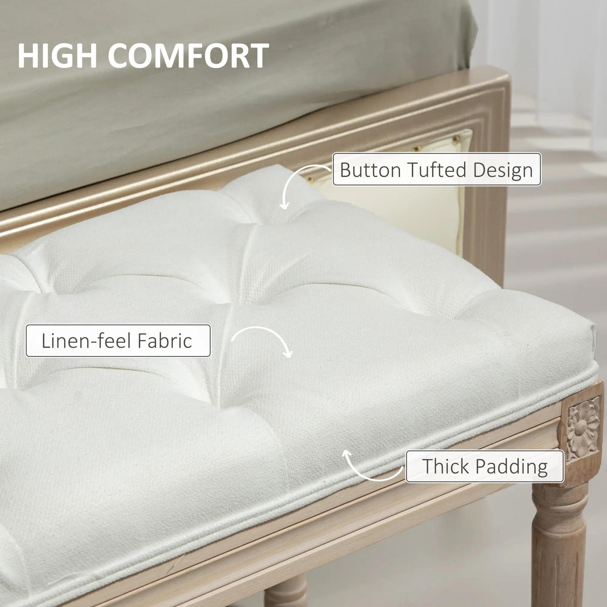 Linen Ottoman Bench 117 x 40 x 48cm, Cream White - Cream White - 4