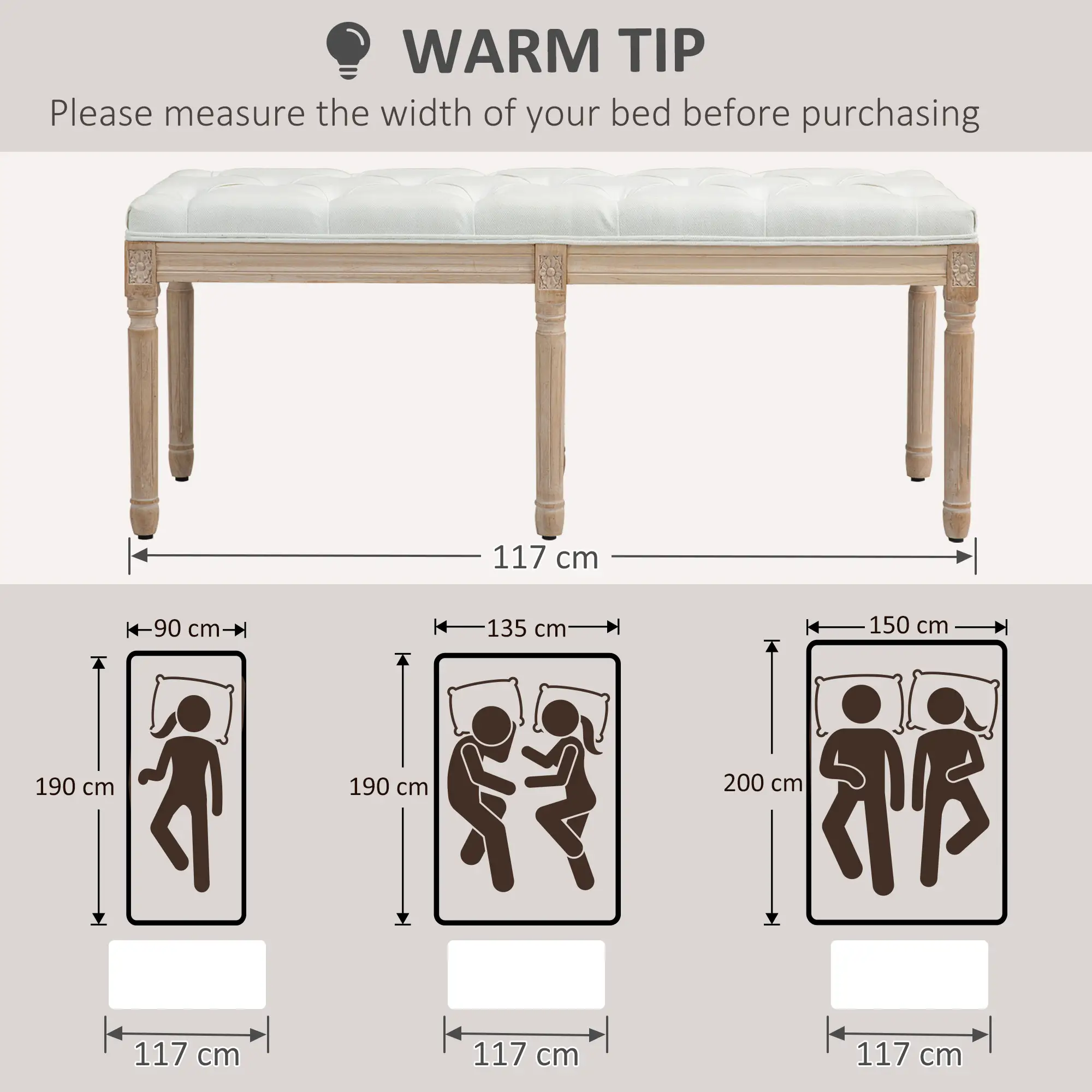 Linen Ottoman Bench 117 x 40 x 48cm, Cream White - Cream White - 7