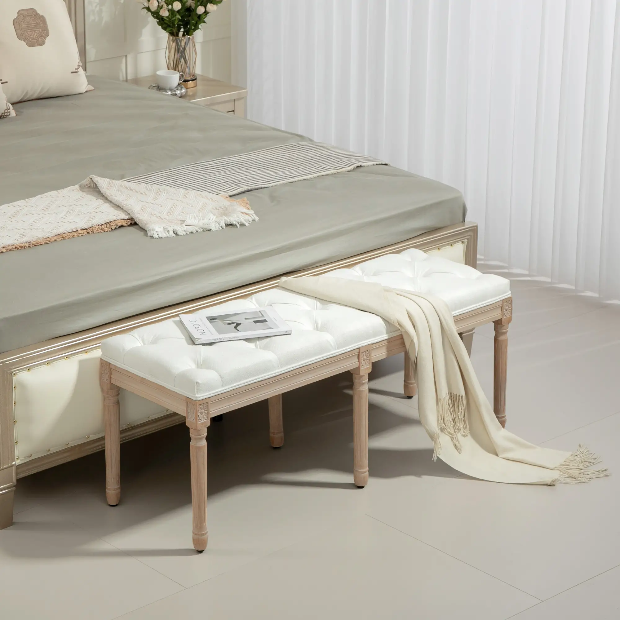 Linen Ottoman Bench 117 x 40 x 48cm, Cream White - Cream White - 11