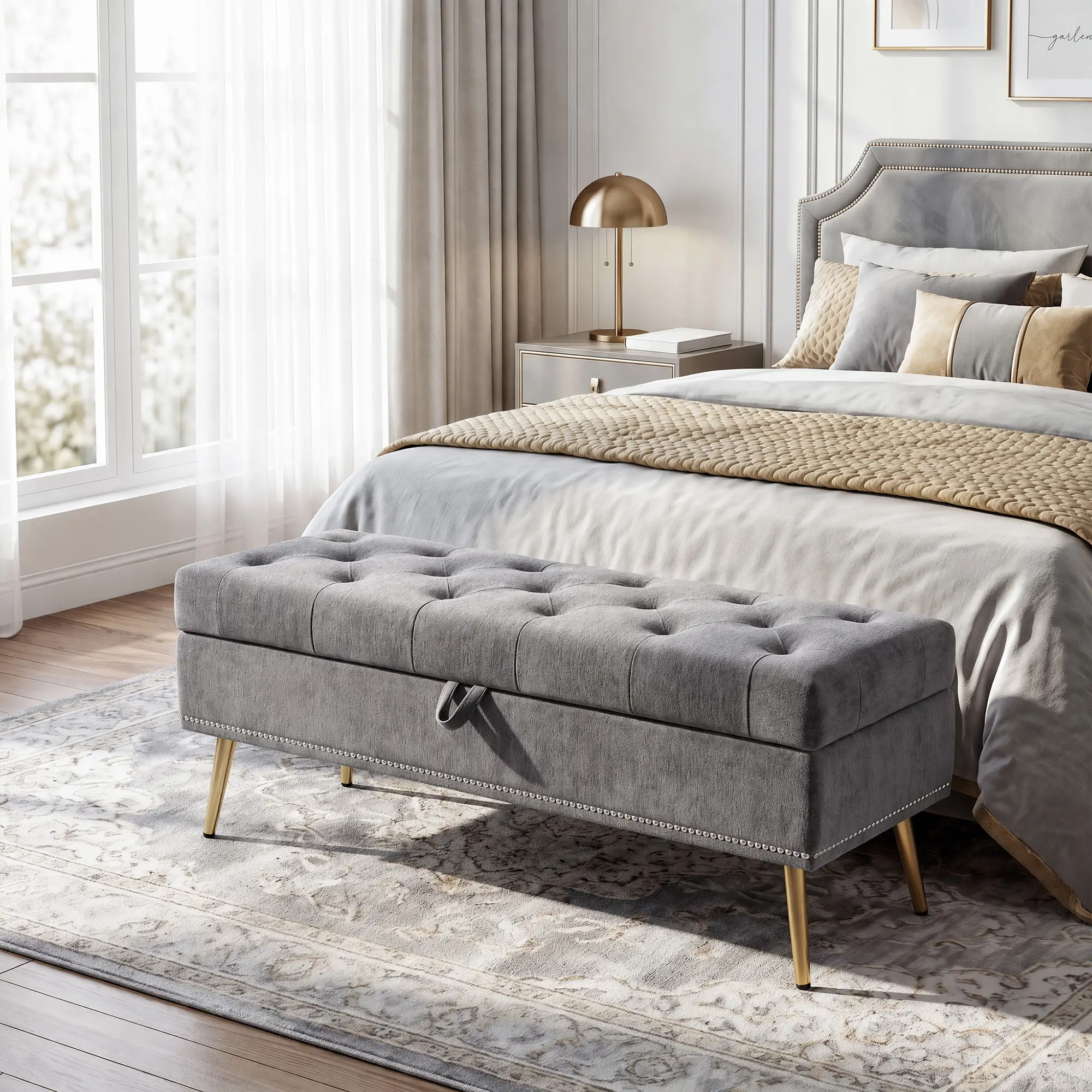 Chenille Storage Ottoman 114 x 41 x 45cm - Grey - 2