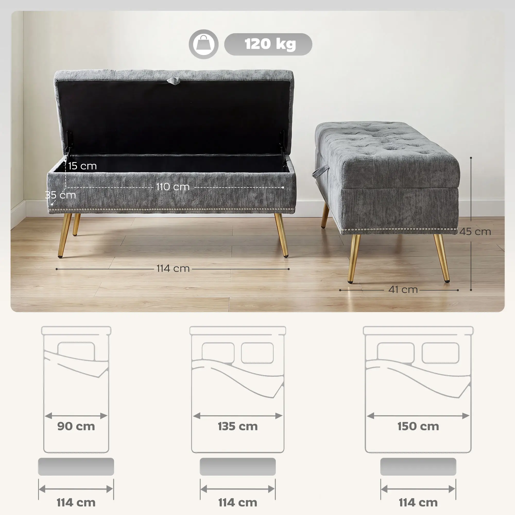 Chenille Storage Ottoman 114 x 41 x 45cm - Grey - 3