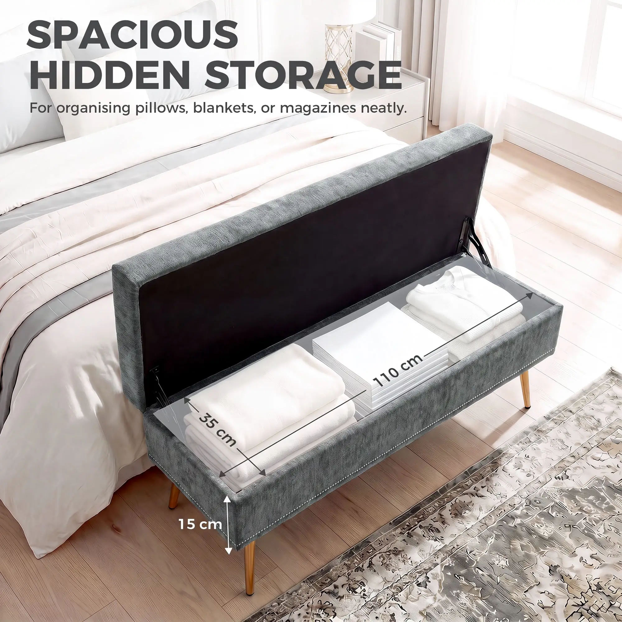 Chenille Storage Ottoman 114 x 41 x 45cm - Grey - 4