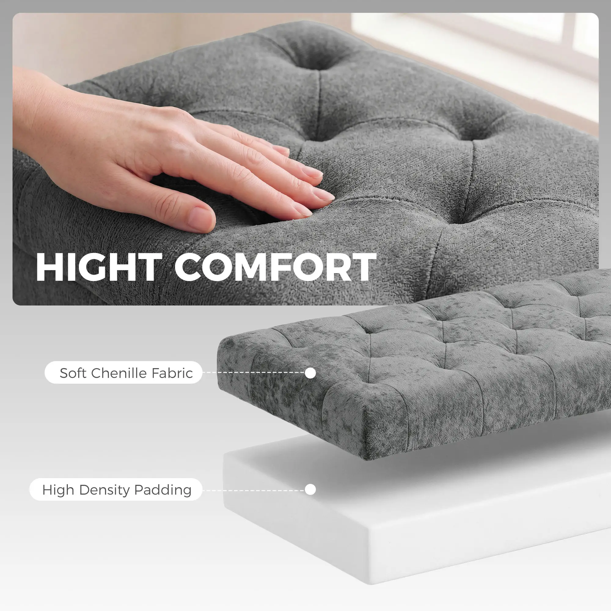 Chenille Storage Ottoman 114 x 41 x 45cm - Grey - 5