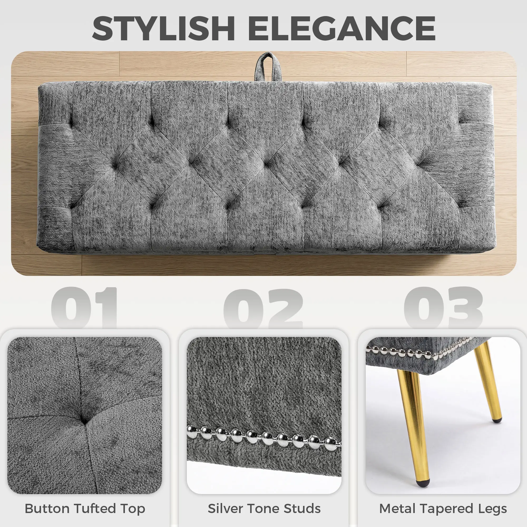 Chenille Storage Ottoman 114 x 41 x 45cm - Grey - 6