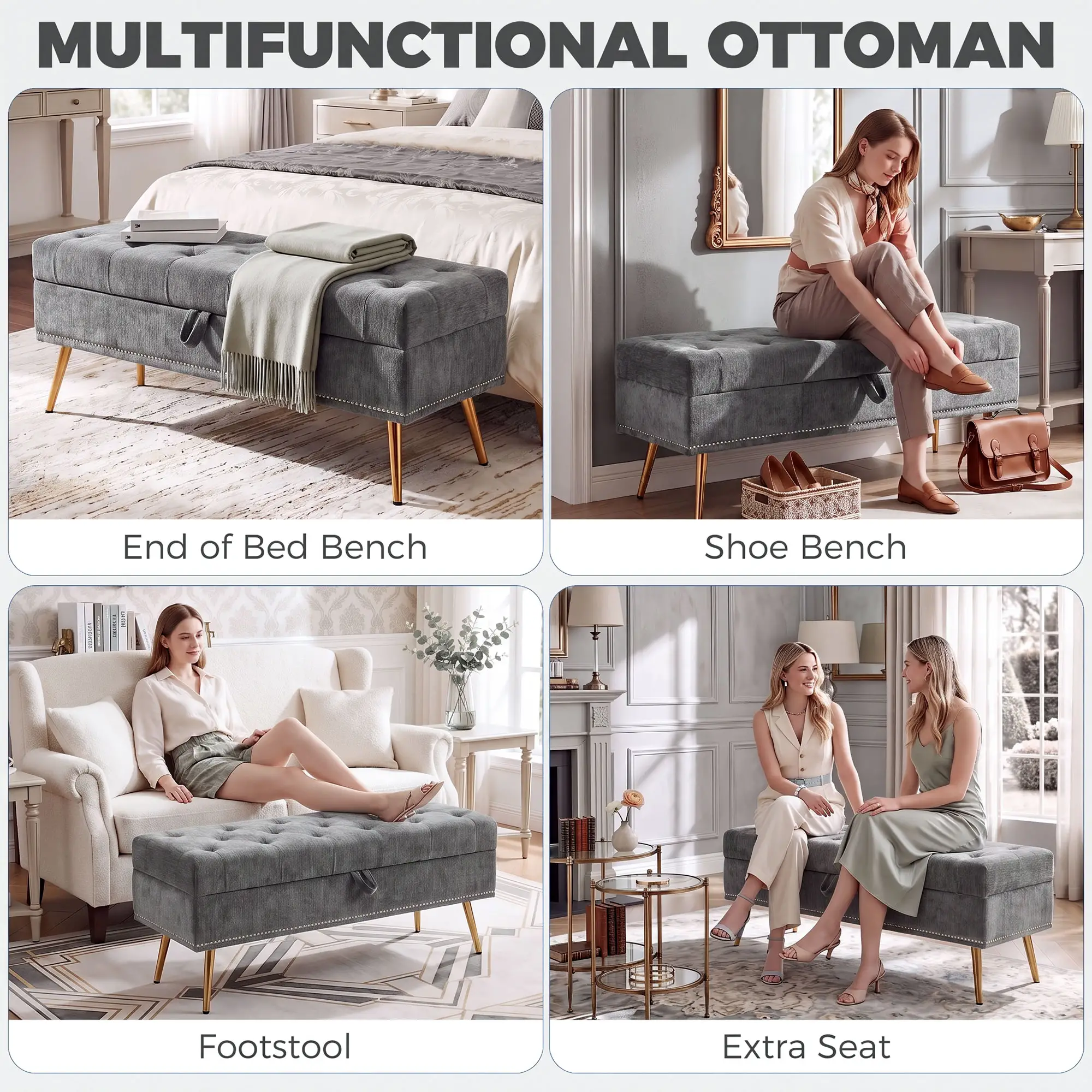 Chenille Storage Ottoman 114 x 41 x 45cm - Grey - 7
