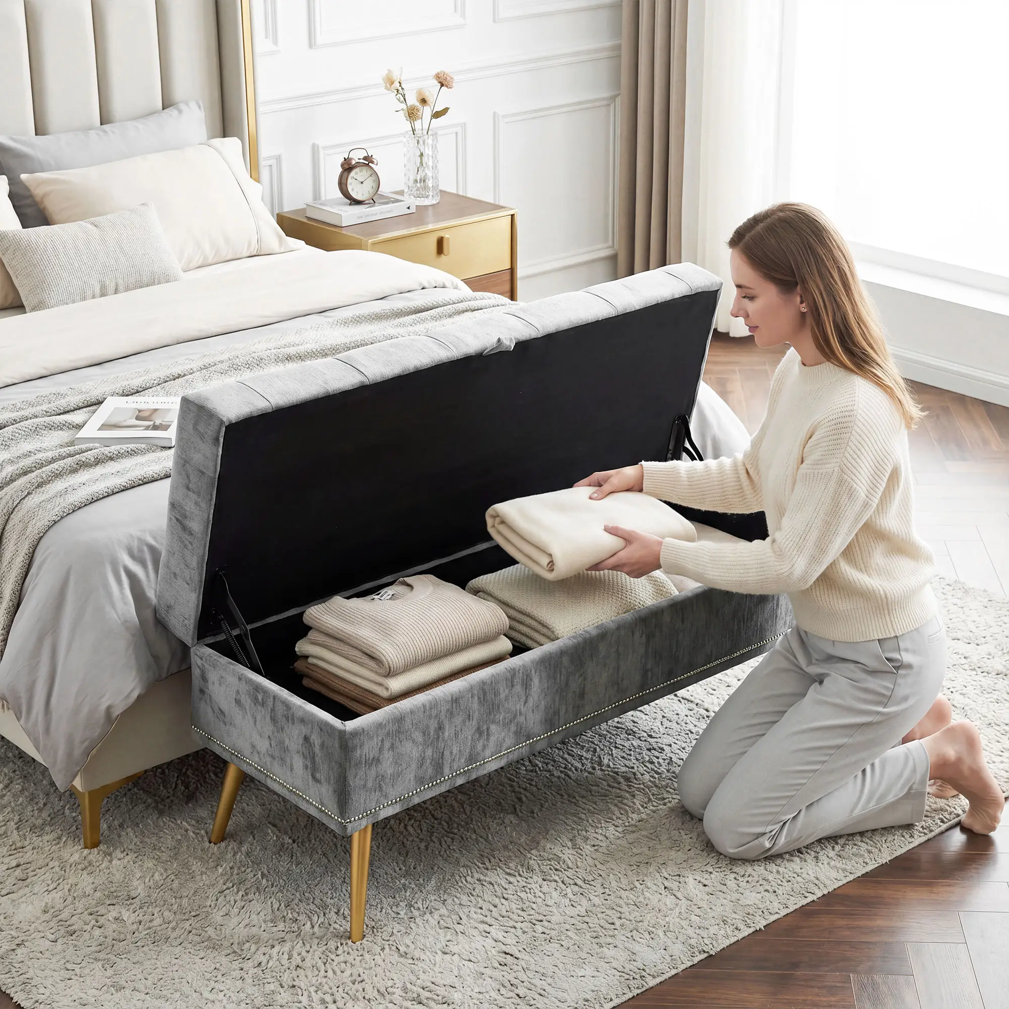 Chenille Storage Ottoman 114 x 41 x 45cm - Grey - 8