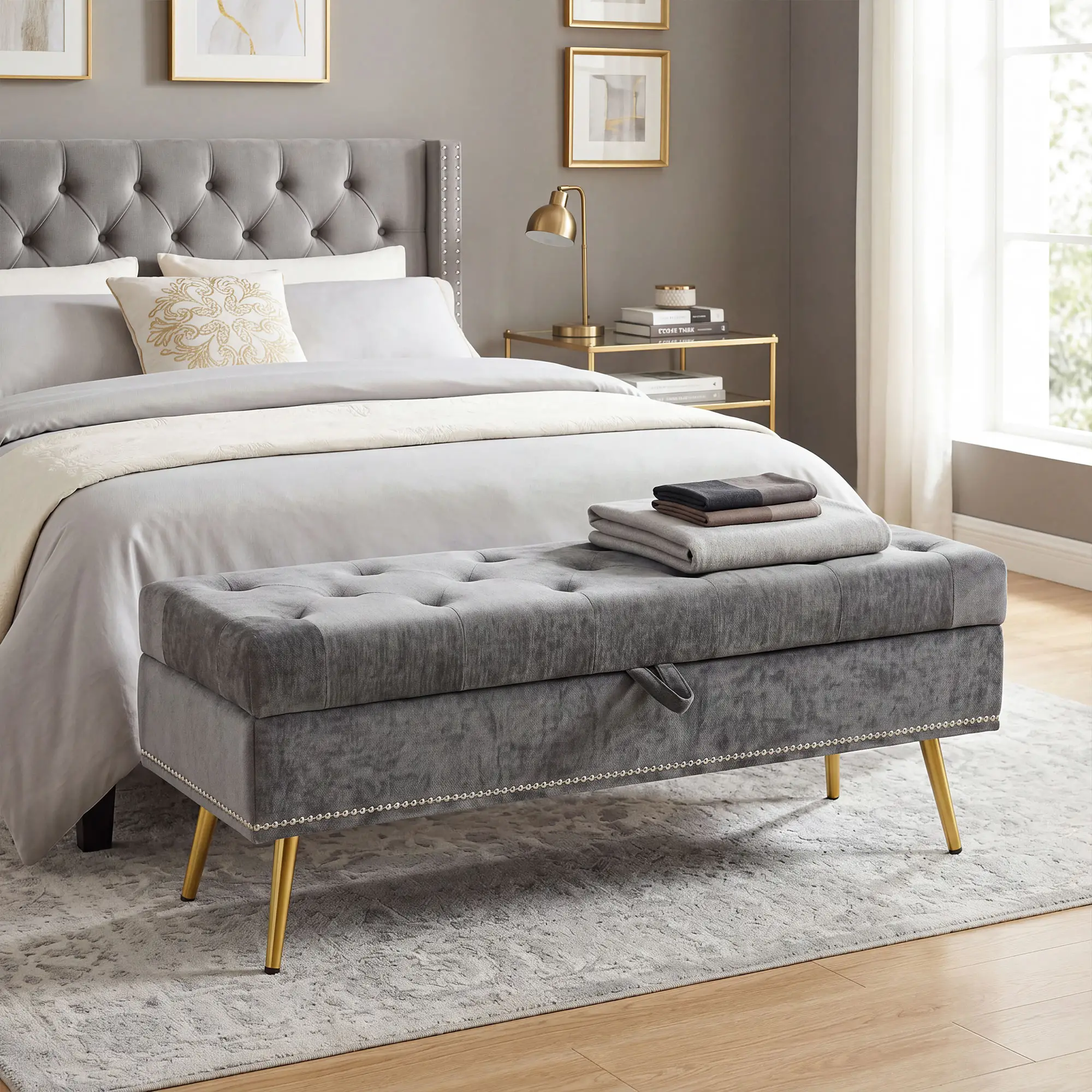 Chenille Storage Ottoman 114 x 41 x 45cm - Grey - 14