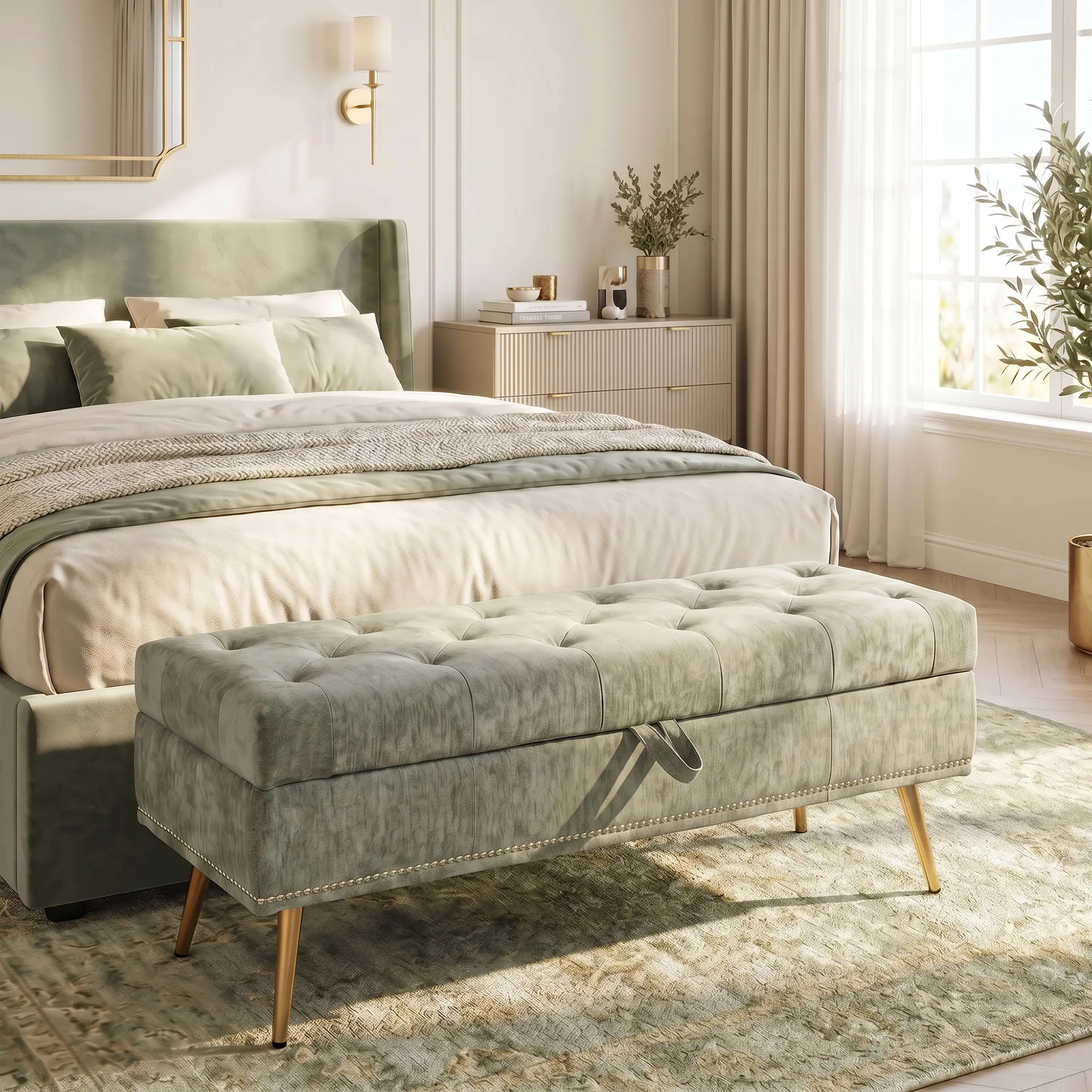 Chenille Storage Ottoman 114 x 41 x 45cm - Light Green - 2