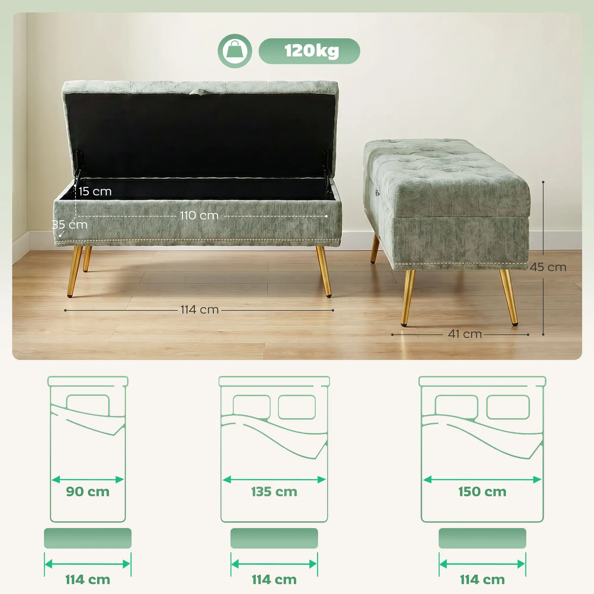 Chenille Storage Ottoman 114 x 41 x 45cm - Light Green - 3