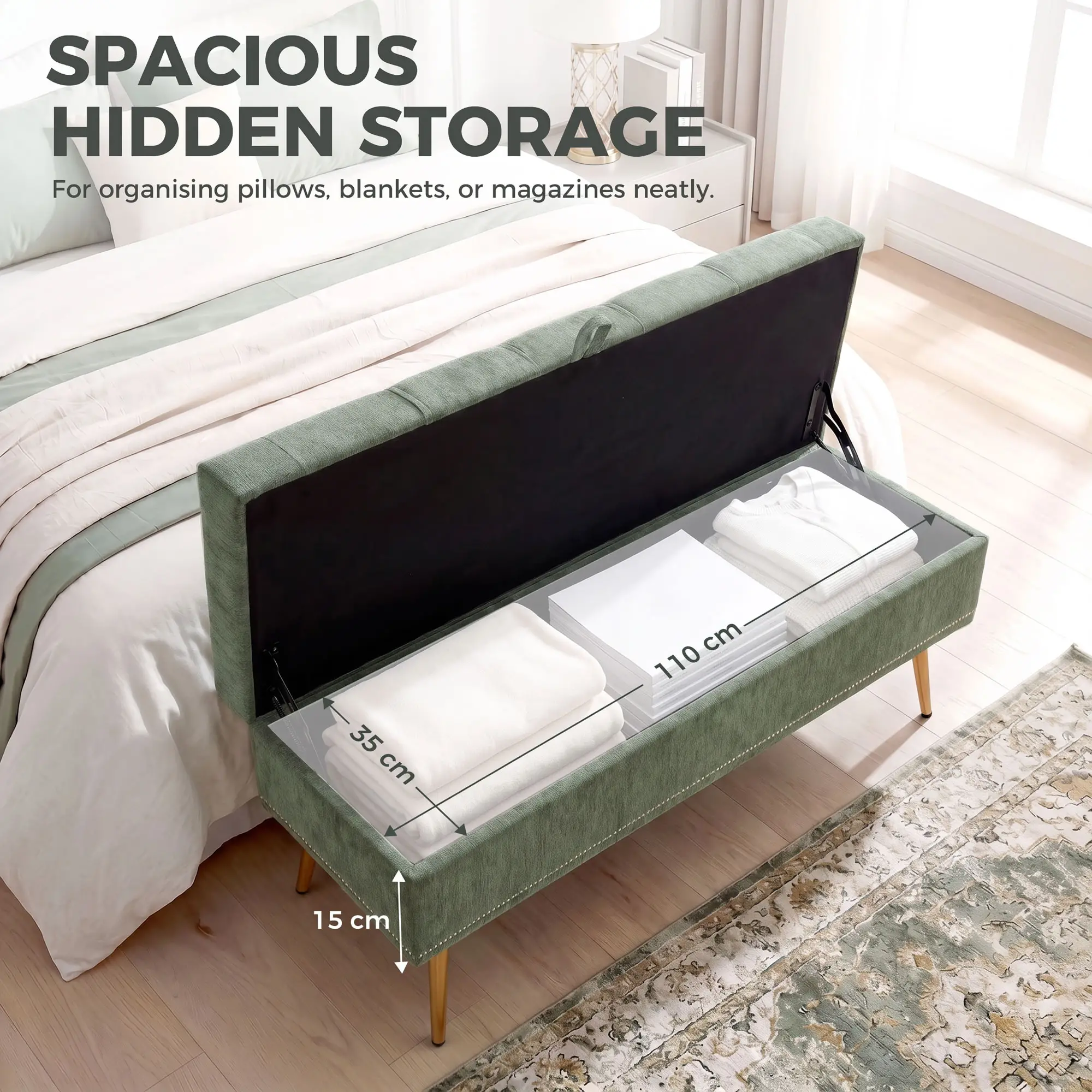 Chenille Storage Ottoman 114 x 41 x 45cm - Light Green - 4