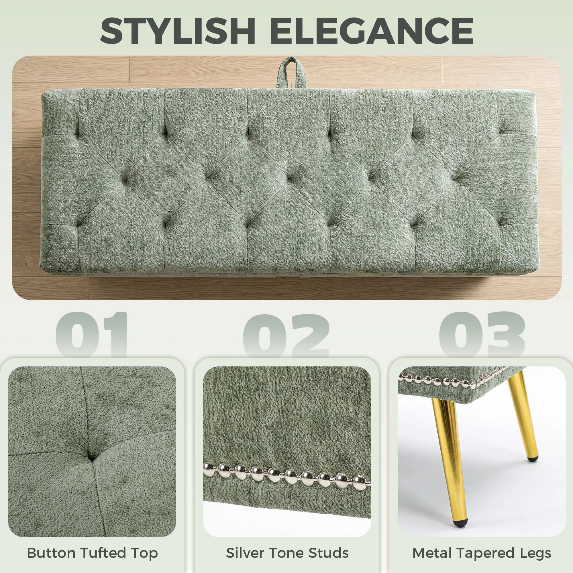 Chenille Storage Ottoman 114 x 41 x 45cm - Light Green - 6