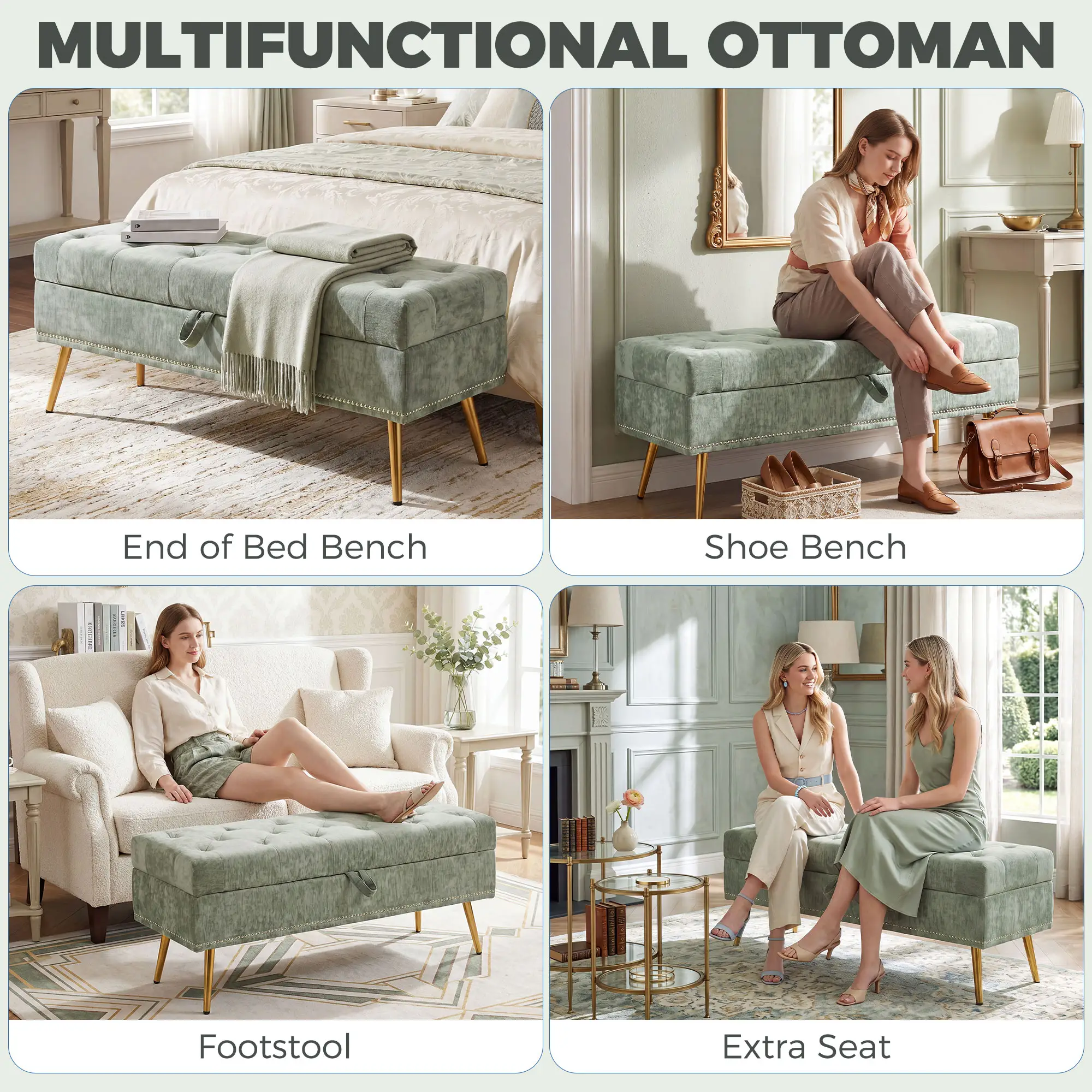 Chenille Storage Ottoman 114 x 41 x 45cm - Light Green - 7