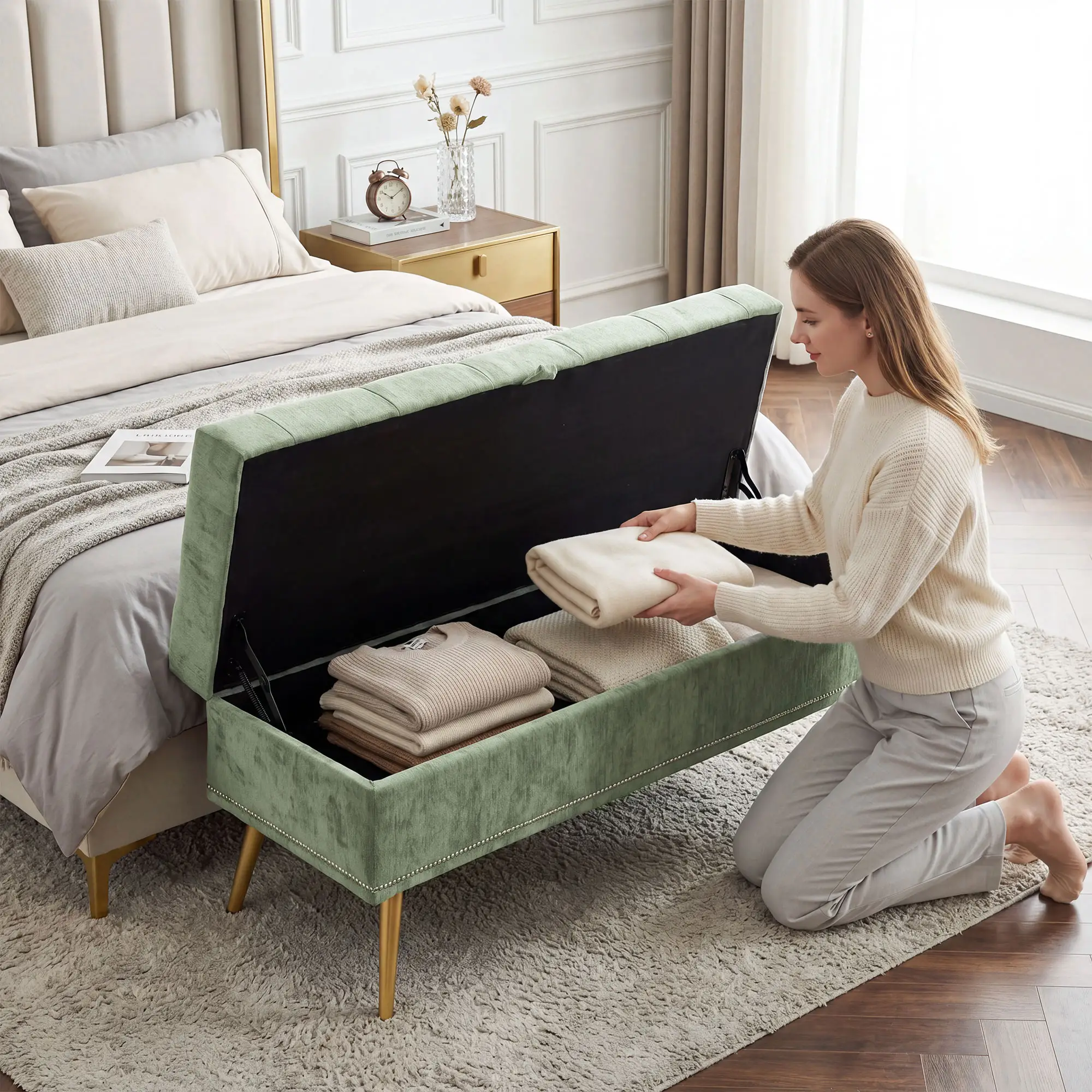 Chenille Storage Ottoman 114 x 41 x 45cm - Light Green - 8