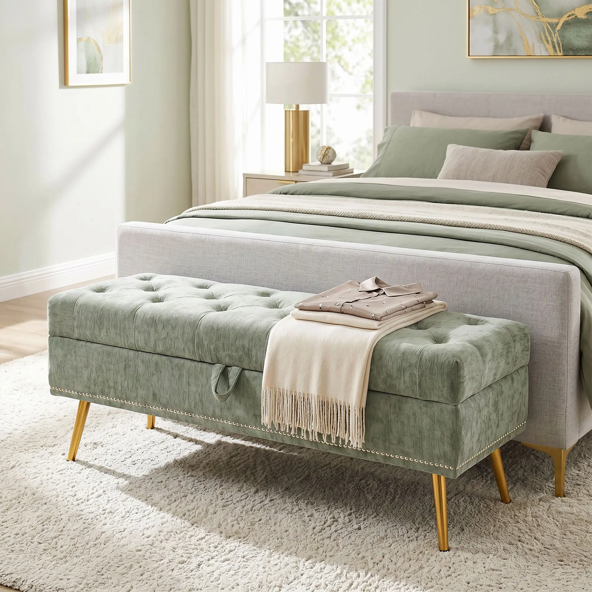 Chenille Storage Ottoman 114 x 41 x 45cm - Light Green - 14