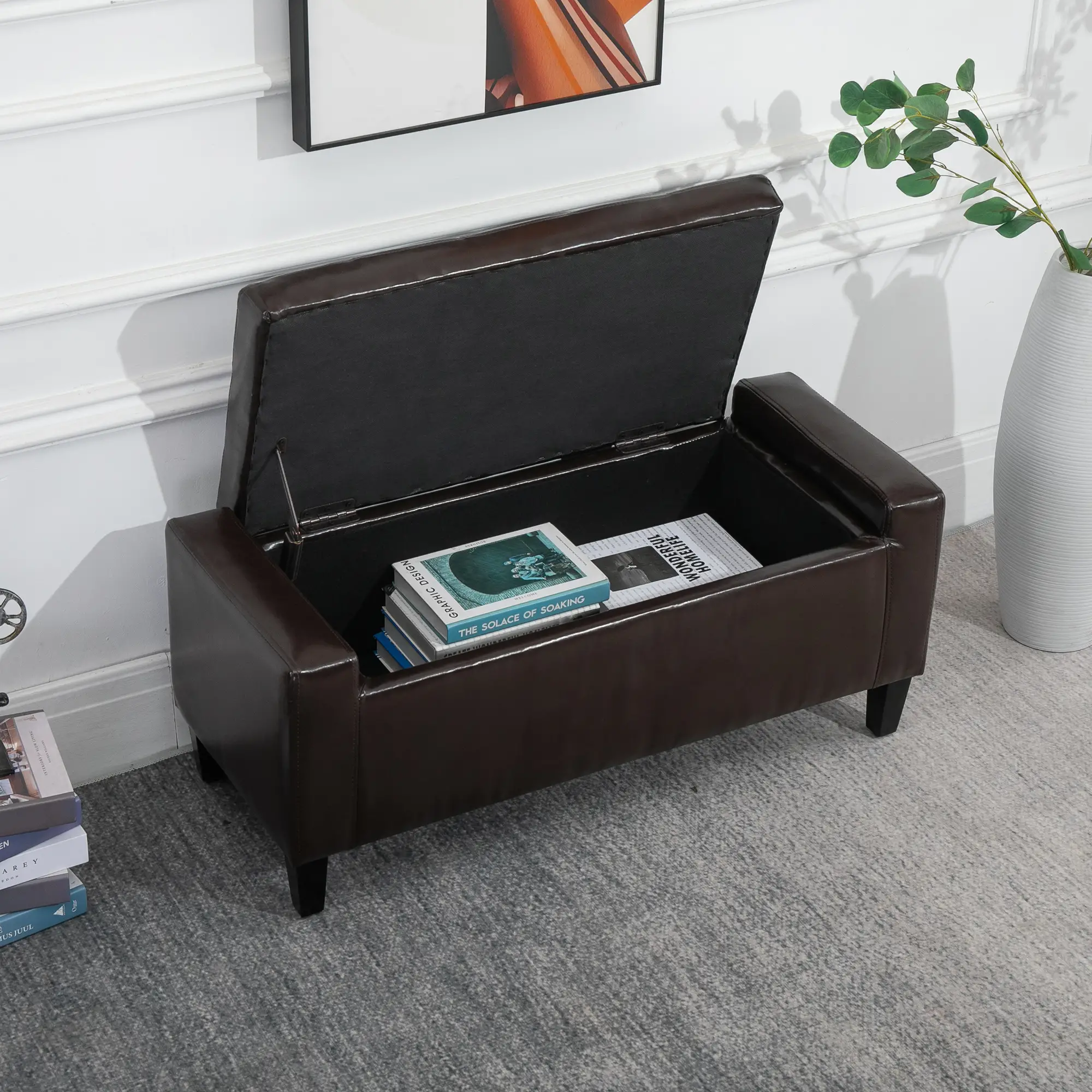 Faux Leather Storage Ottoman Bench 40 x 92 x 40cm - Brown - 7