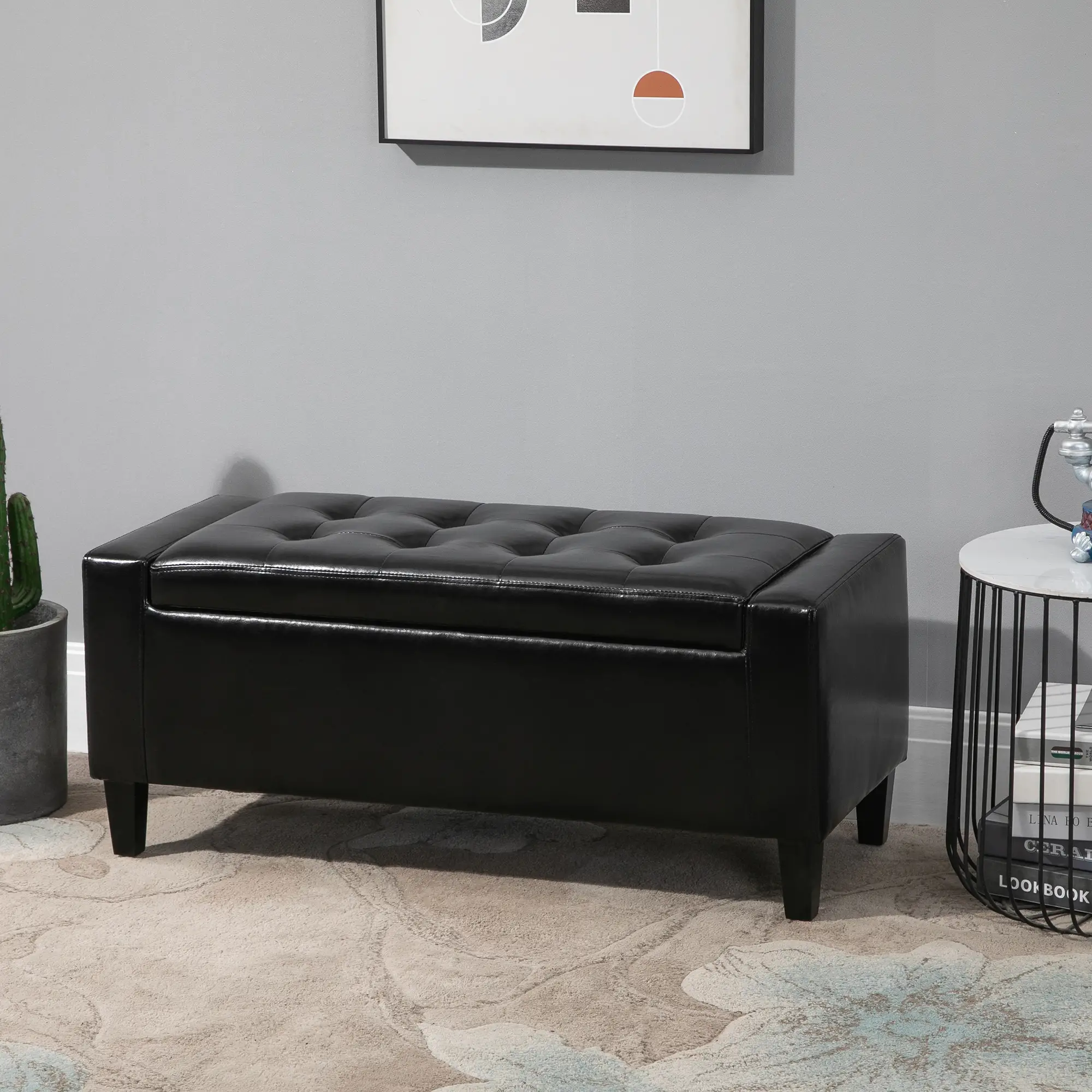 Faux Leather Storage Ottoman Bench 40 x 92 x 40cm - Black - 2