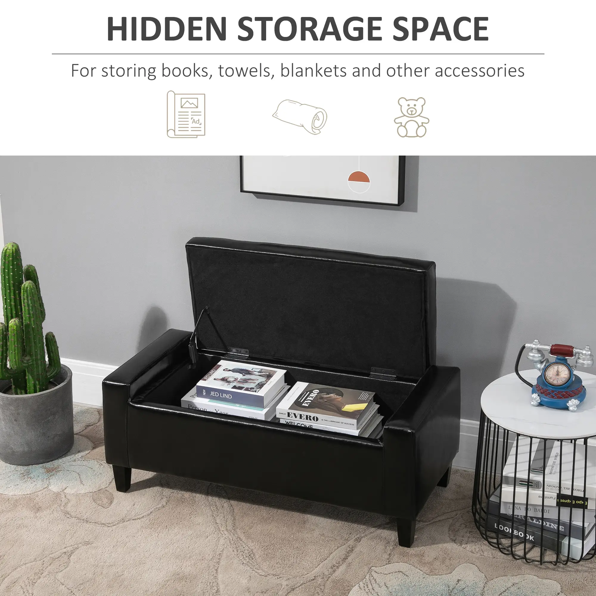 Faux Leather Storage Ottoman Bench 40 x 92 x 40cm - Black - 4
