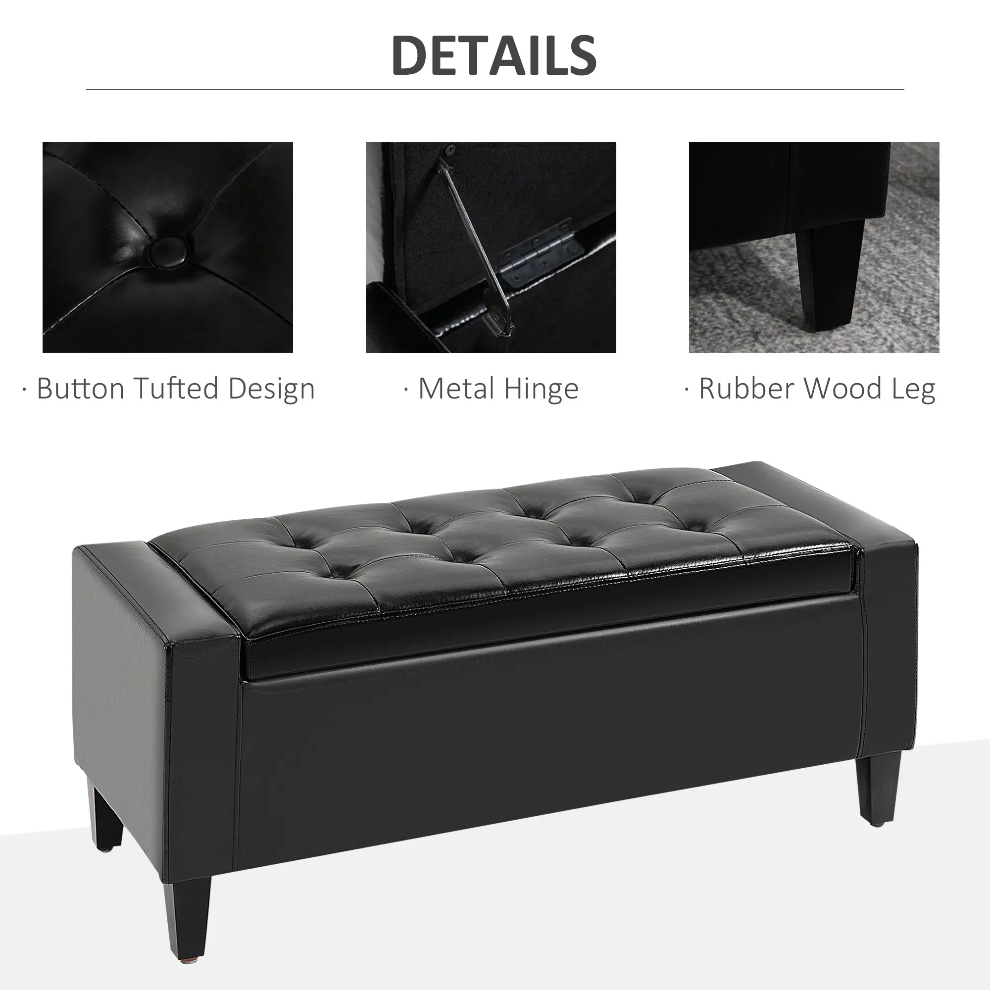 Faux Leather Storage Ottoman Bench 40 x 92 x 40cm - Black - 5