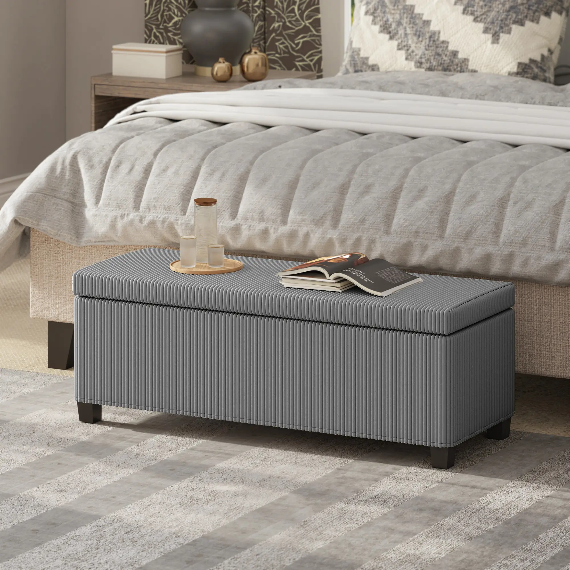 Corduroy Storage Ottoman Bench 112 x 42 x 40cm - Grey - 2