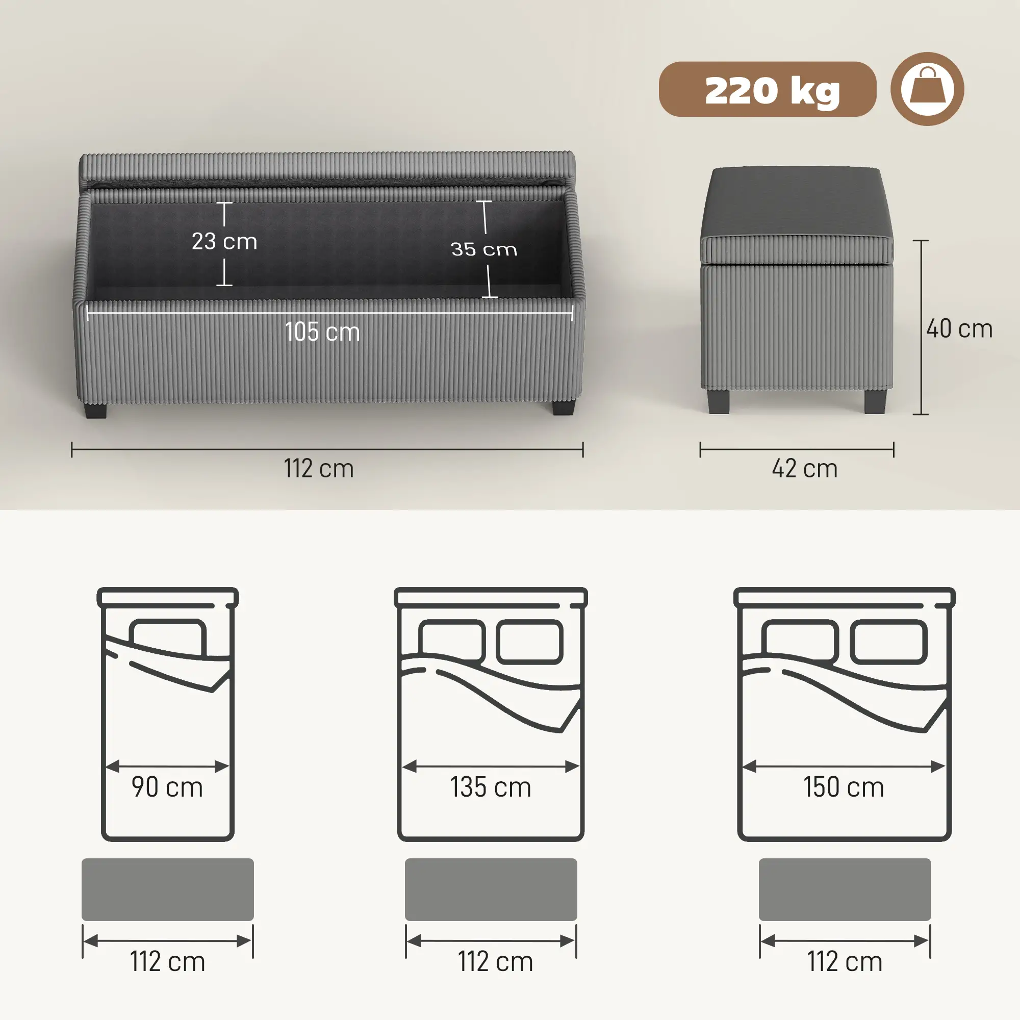 Corduroy Storage Ottoman Bench 112 x 42 x 40cm - Grey - 3