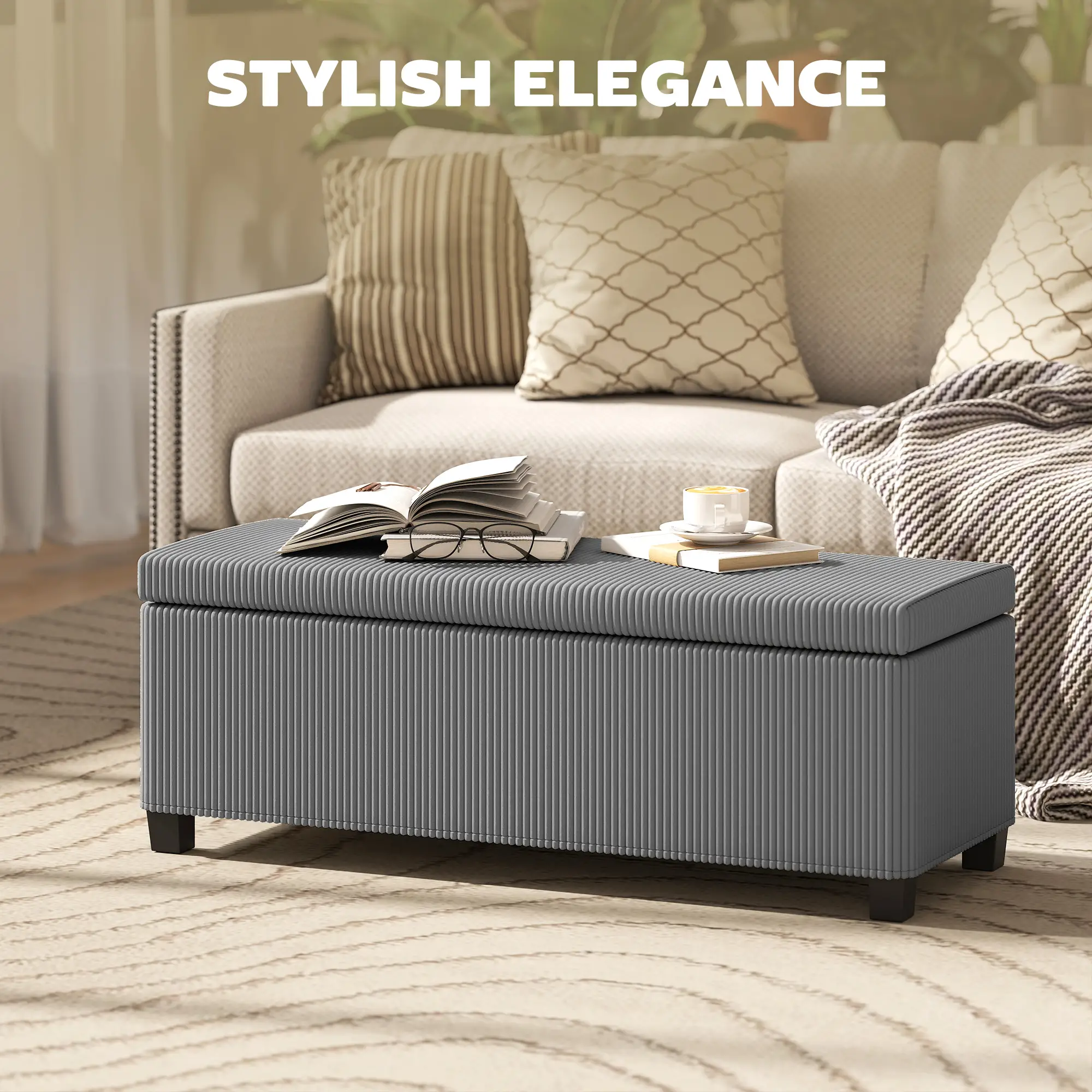 Corduroy Storage Ottoman Bench 112 x 42 x 40cm - Grey - 4