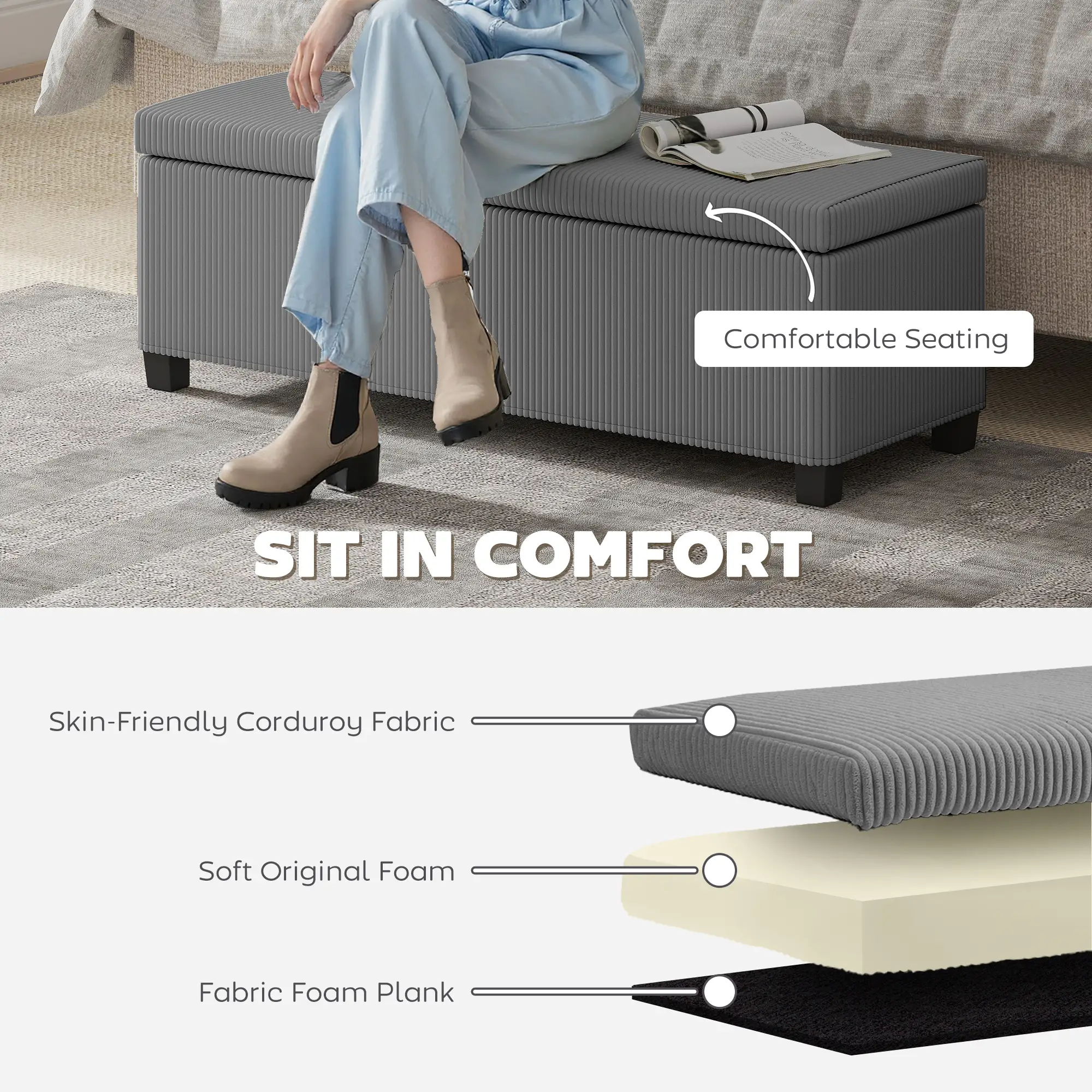 Corduroy Storage Ottoman Bench 112 x 42 x 40cm - Grey - 5