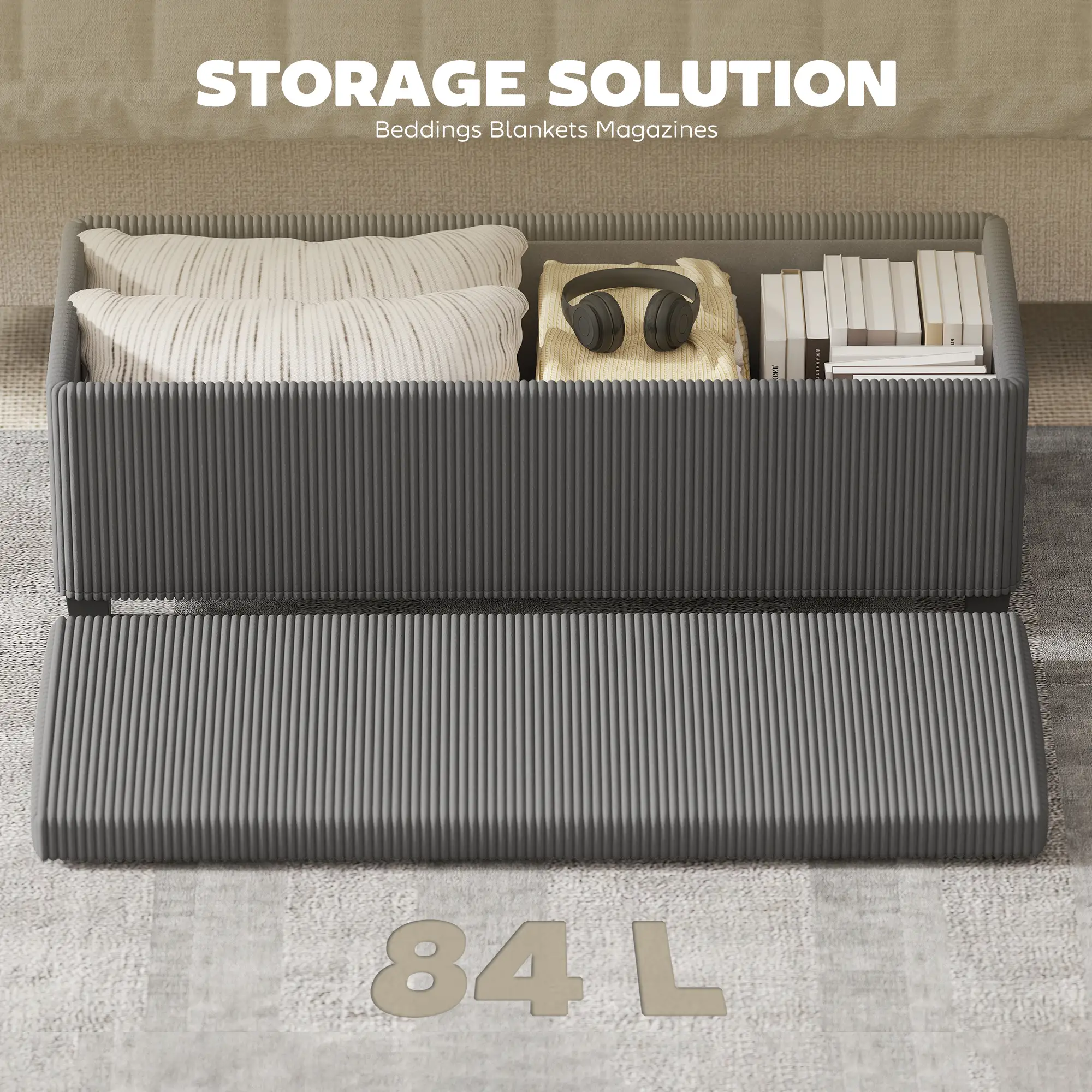 Corduroy Storage Ottoman Bench 112 x 42 x 40cm - Grey - 6