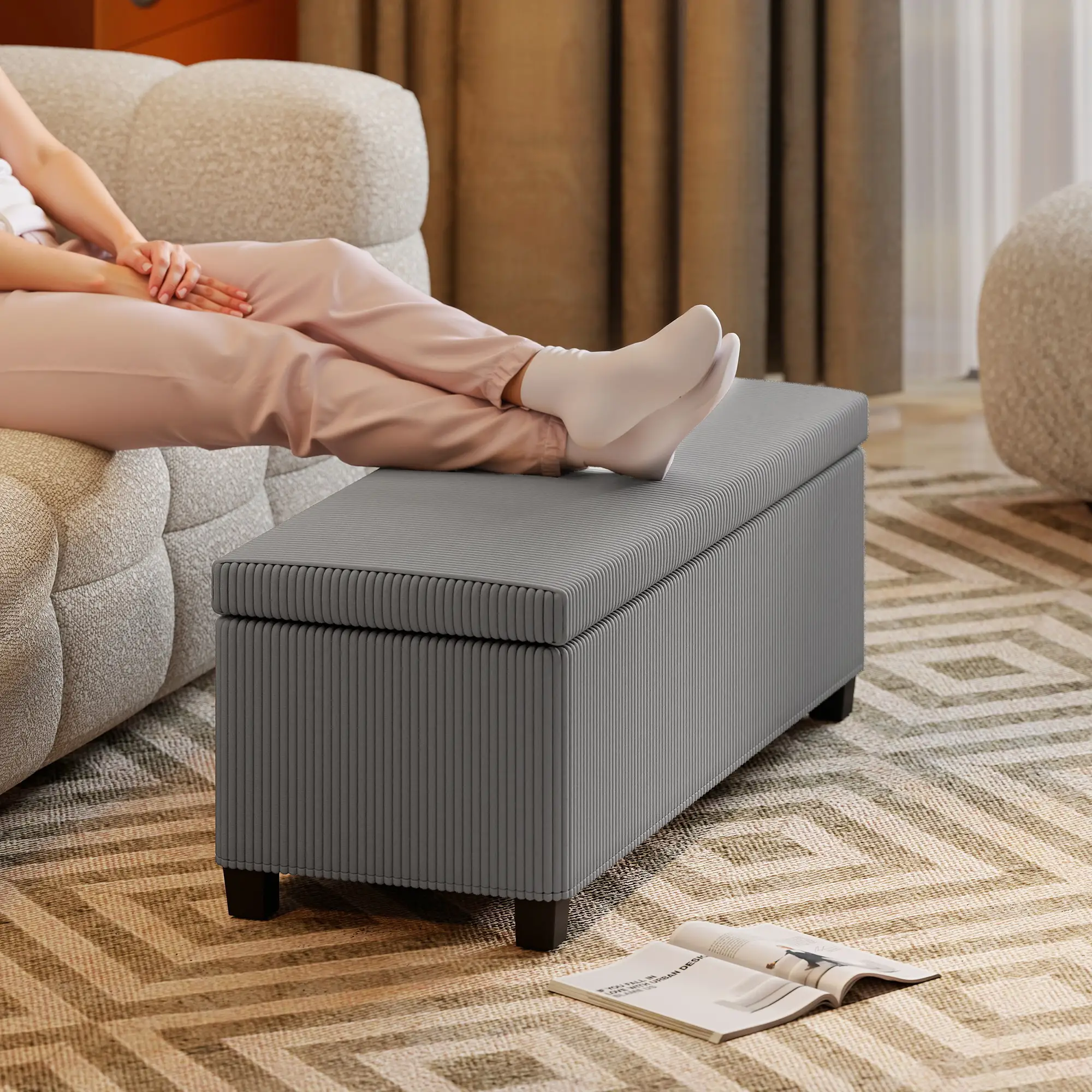Corduroy Storage Ottoman Bench 112 x 42 x 40cm - Grey - 8