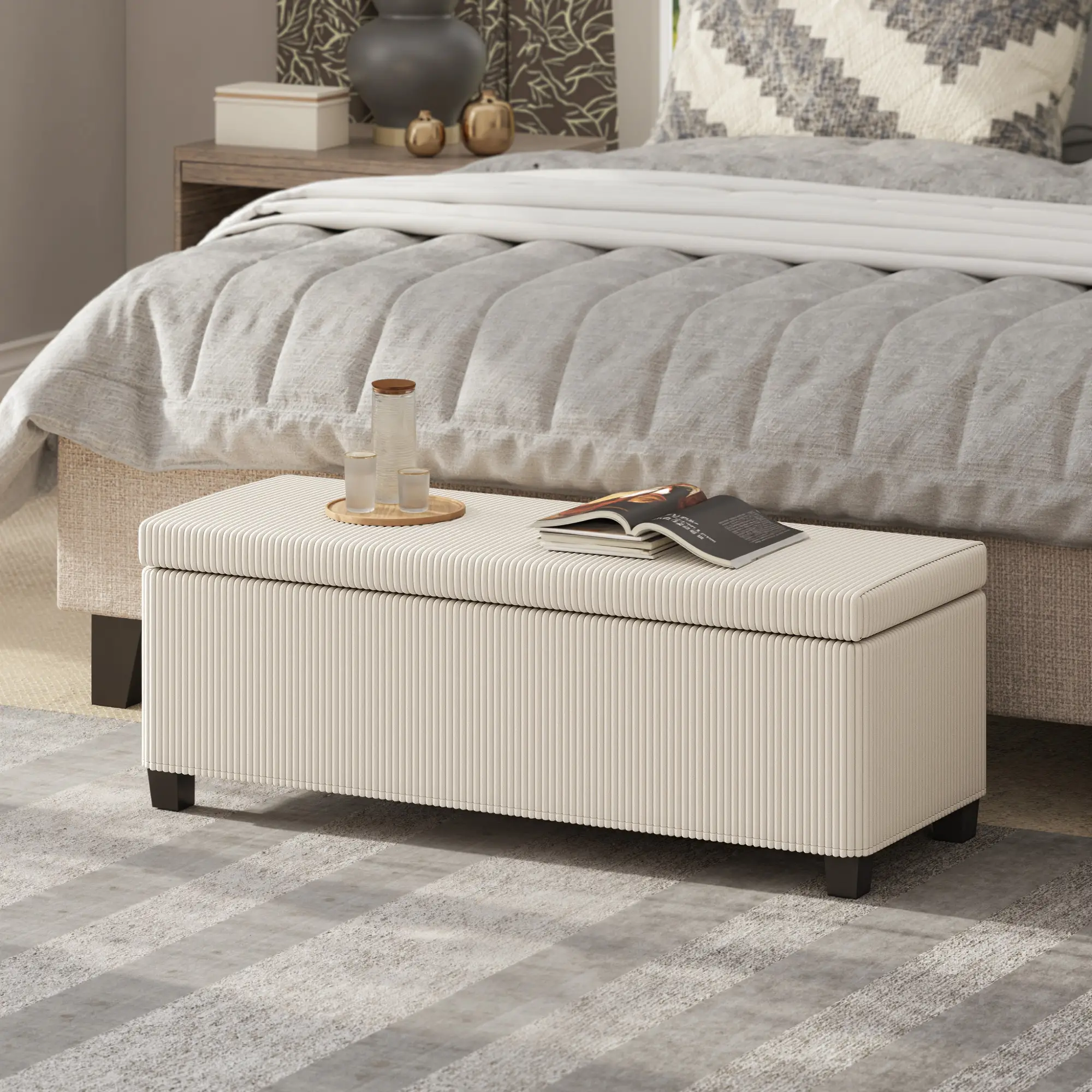 Corduroy Storage Ottoman Bench 112 x 42 x 40cm - Beige - 2