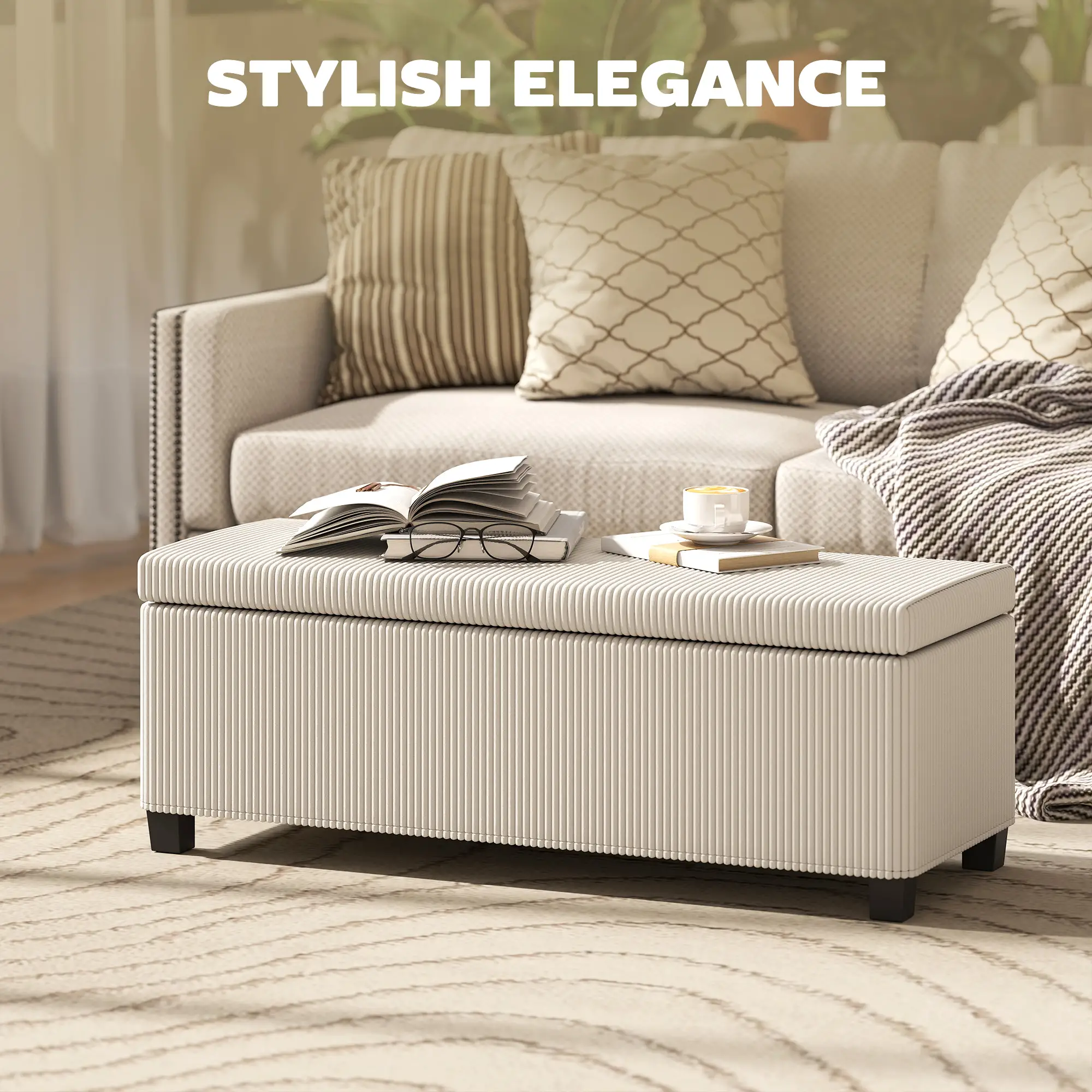 Corduroy Storage Ottoman Bench 112 x 42 x 40cm - Beige - 4