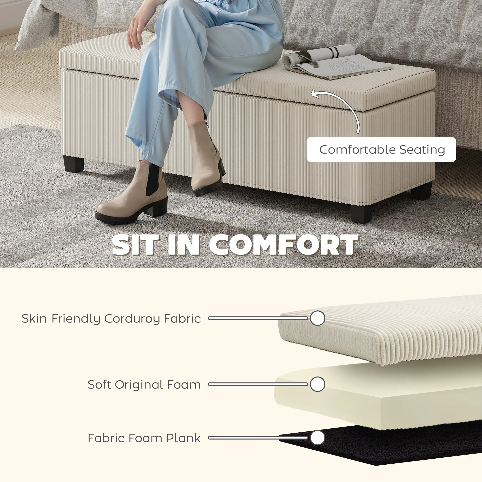 Corduroy Storage Ottoman Bench 112 x 42 x 40cm - Beige - 5