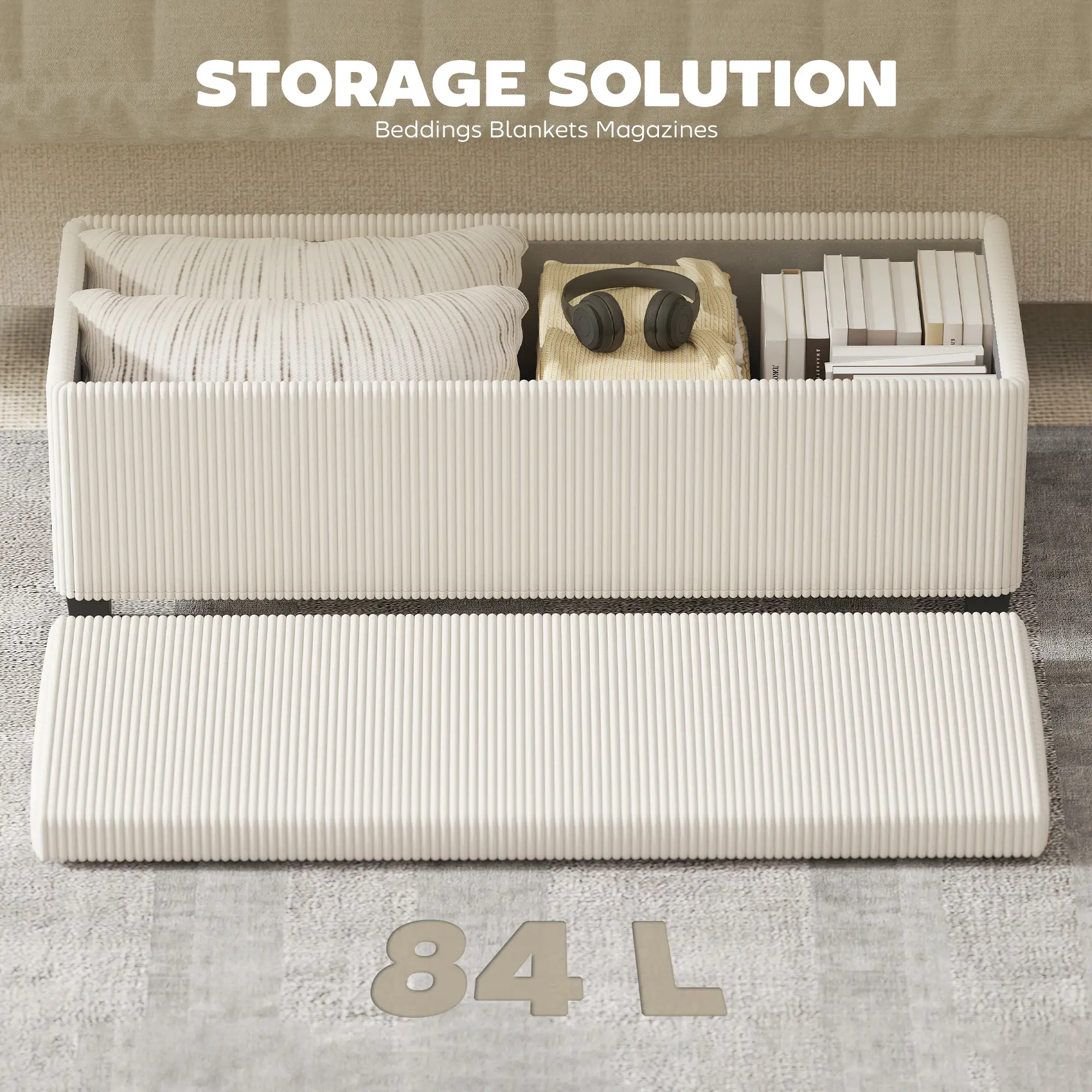 Corduroy Storage Ottoman Bench 112 x 42 x 40cm - Beige - 6