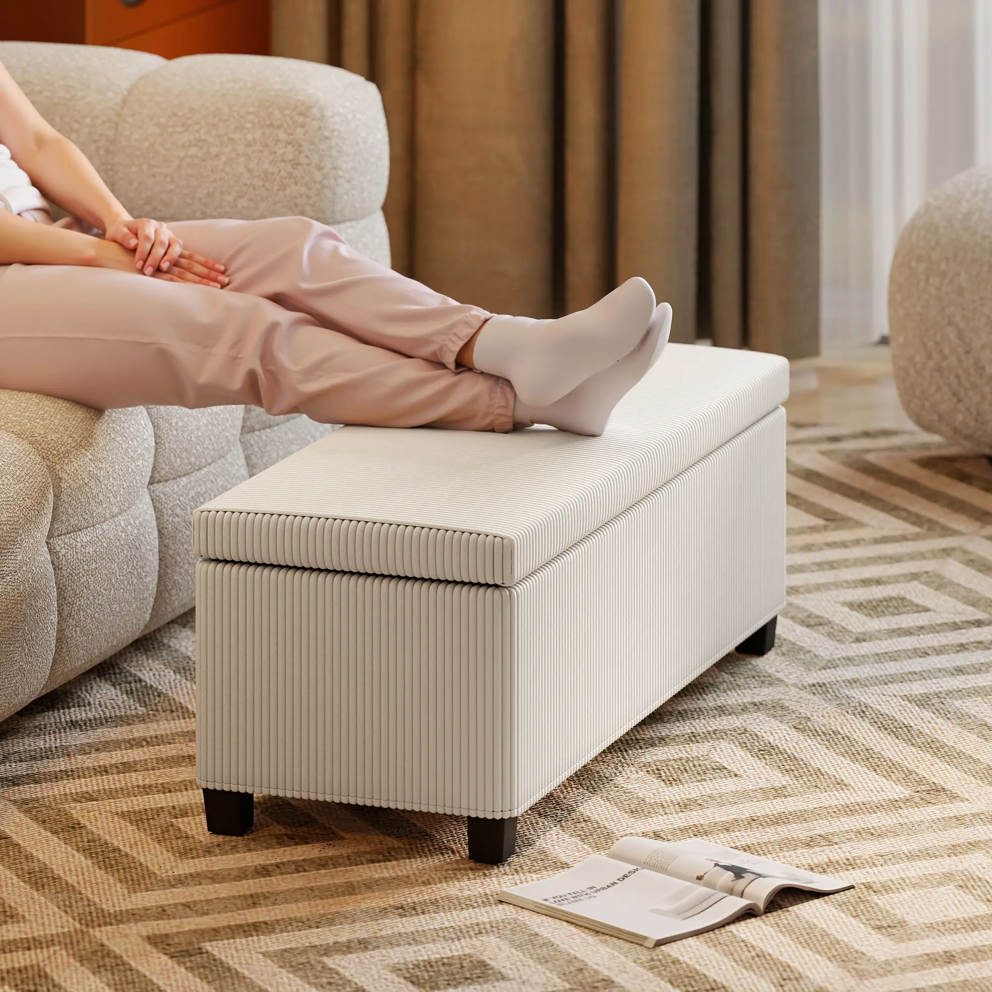 Corduroy Storage Ottoman Bench 112 x 42 x 40cm - Beige - 8