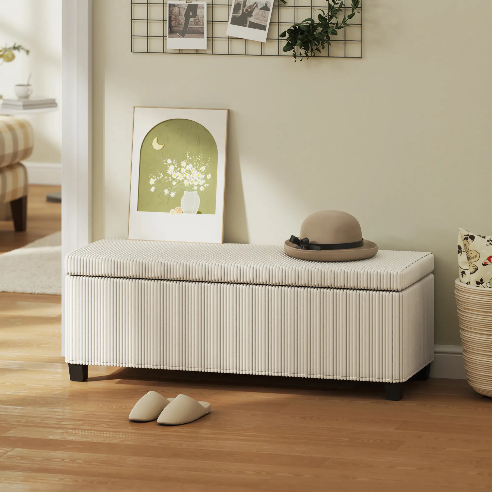 Corduroy Storage Ottoman Bench 112 x 42 x 40cm - Beige - 10
